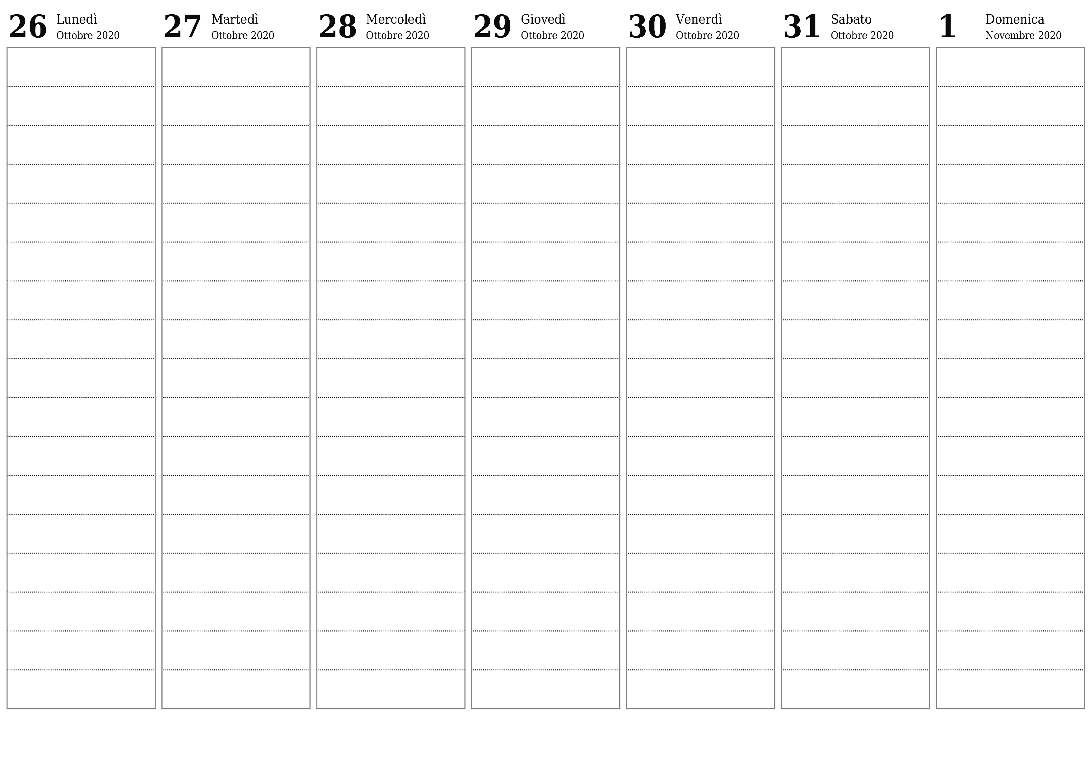 Agenda settimanale vuota per settimane Novembre 2020 con note, salva e stampa in PDF PNG Italian