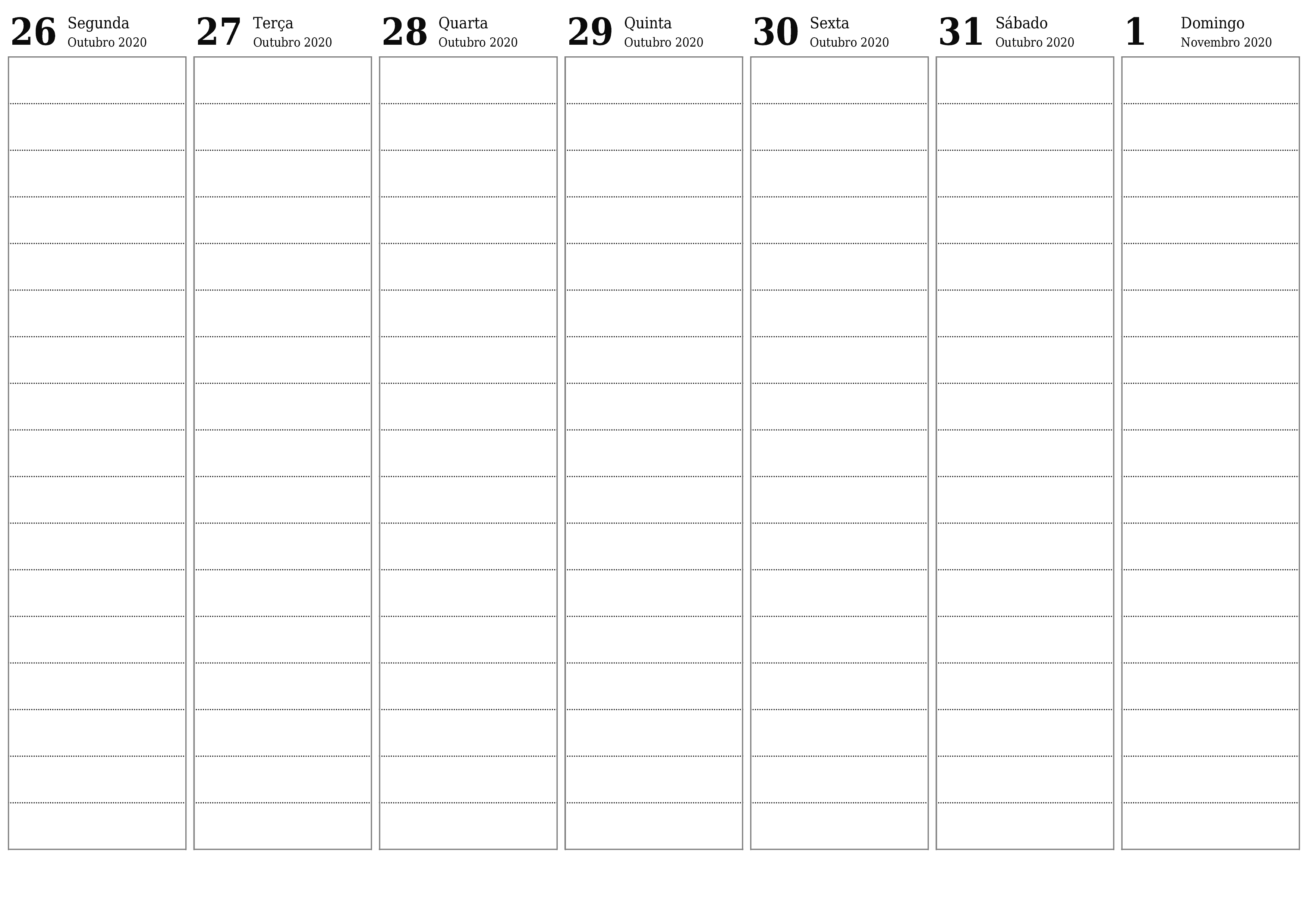 Esvazie o planejador semanal por semanas Novembro 2020 com notas, salve e imprima em PDF PNG Portuguese