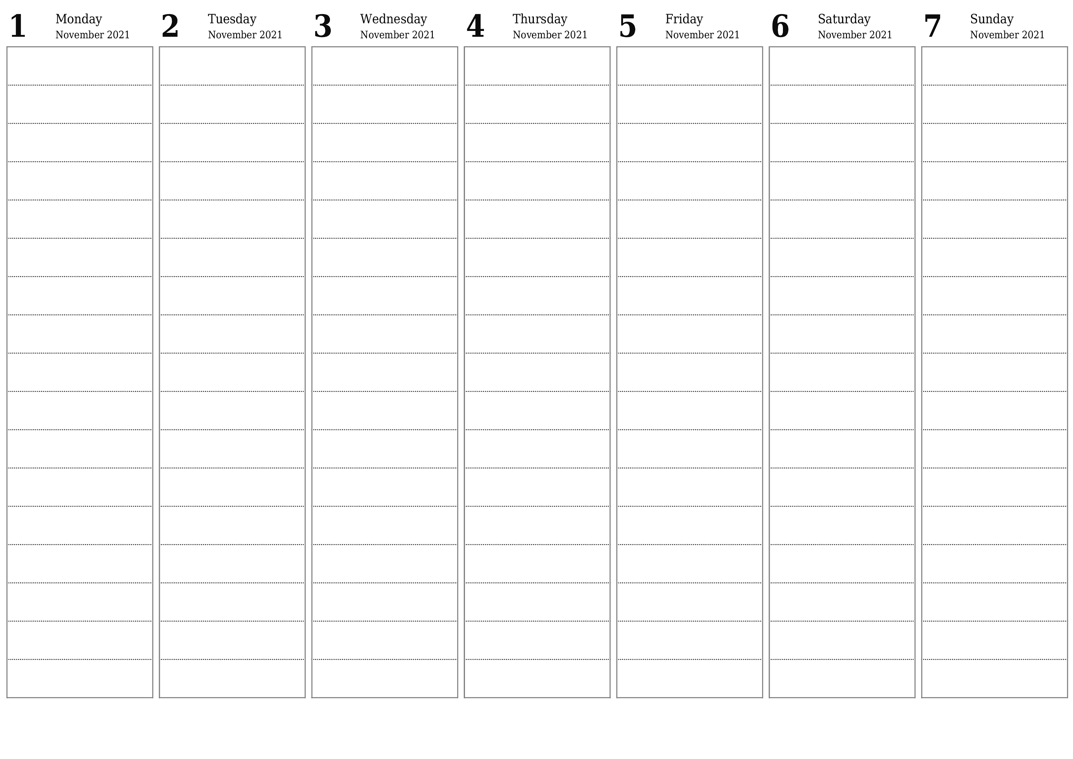 Blank weekly printable calendar and planner for week November 2021 with notes, save and print to PDF PNG English