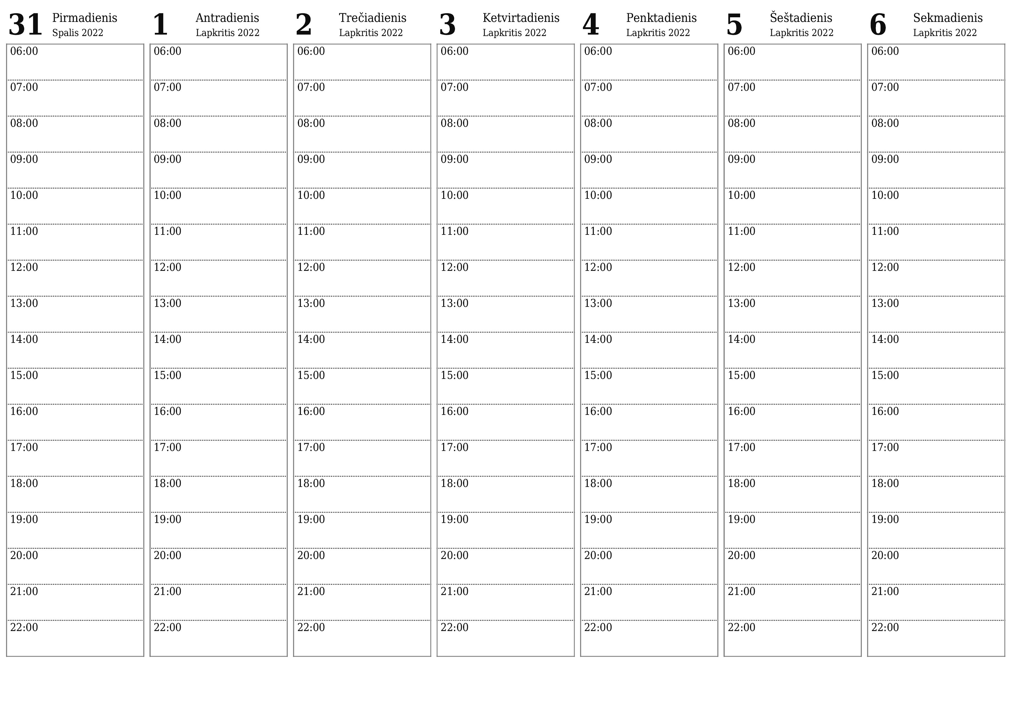 spausdinamas sieninis kalendoriaus šabloną nemokamas horizontaliai Kas savaitę planuotojas kalendorius Lapkritis (Lap) 2022