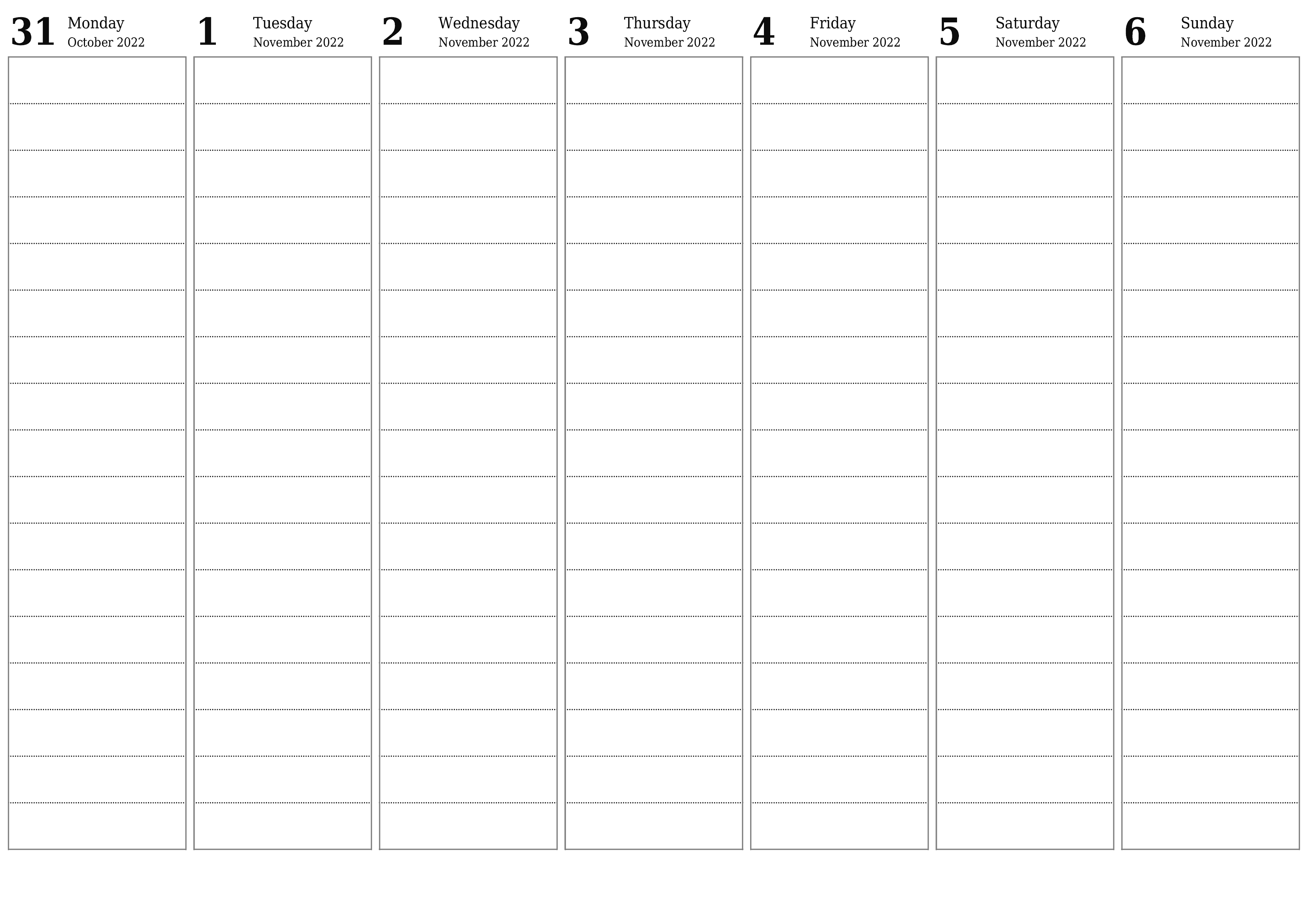 Blank weekly printable calendar and planner for week November 2022 with notes, save and print to PDF PNG English
