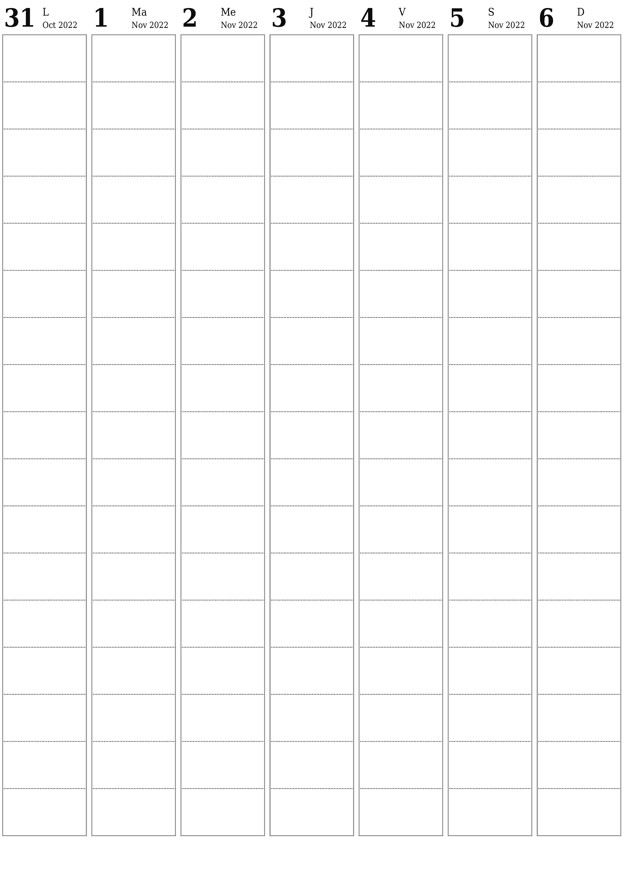 Agenda hebdomadaire vide pendant des semaines Novembre 2022 avec notes, enregistrez et imprimez au format PDF PNG French