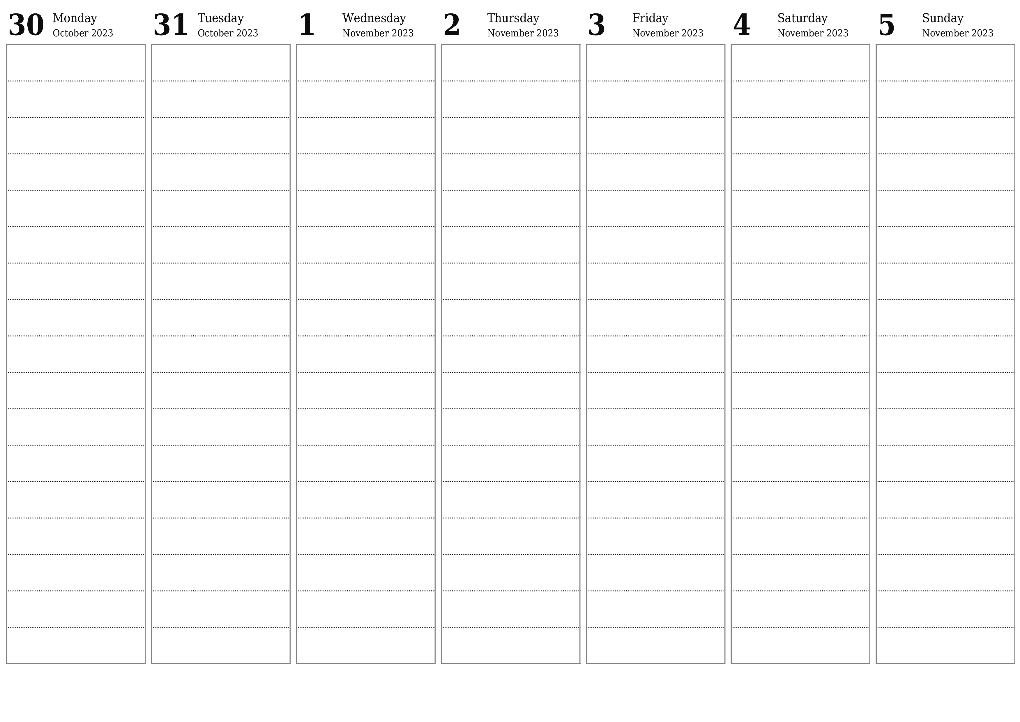 Blank weekly printable calendar and planner for week November 2023 with notes, save and print to PDF PNG English