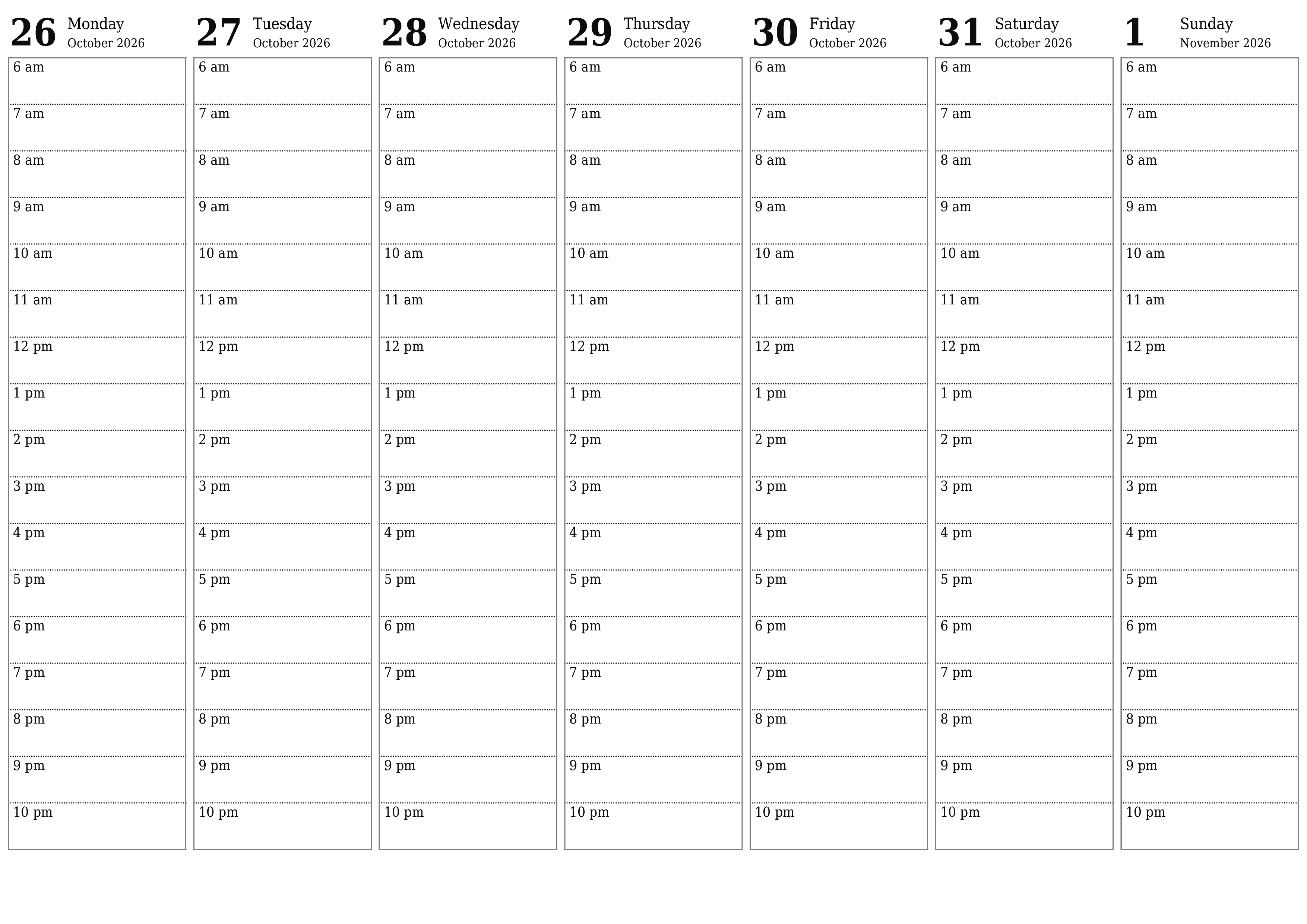 Blank weekly printable calendar and planner for week November 2026 with notes, save and print to PDF PNG English