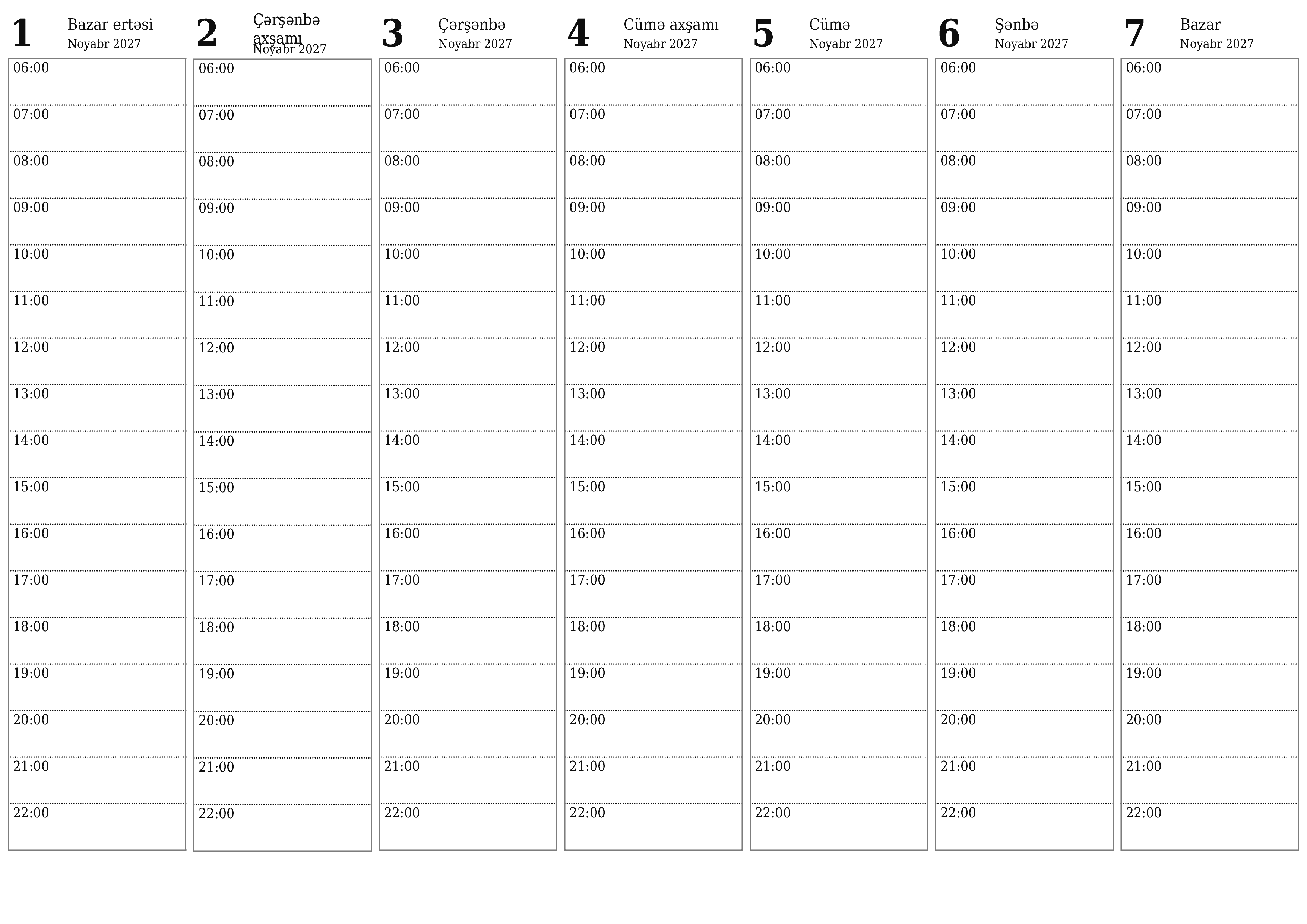 Noyabr 2027 həftələrlə həftəlik planlayıcınızı qeydlərlə boşaltın, qeyd edin və PDF-ə yazdırın PNG Azerbaijani