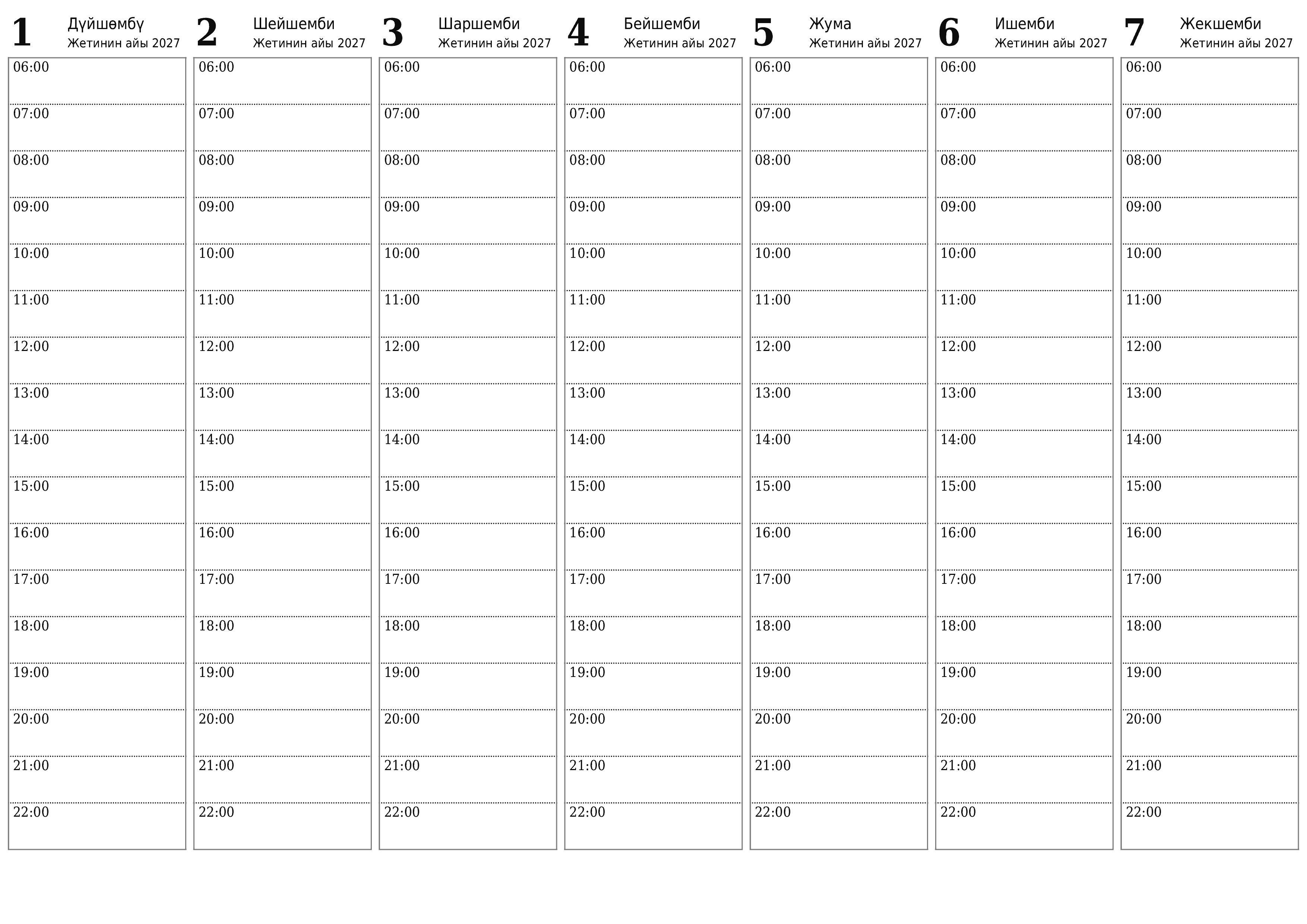 PDF PNG Kyrgyz форматында басып чыгаруу үчүн эскертүүлөр менен Жетинин айы 2027 үчүн бош жумалык календардык пландоочу