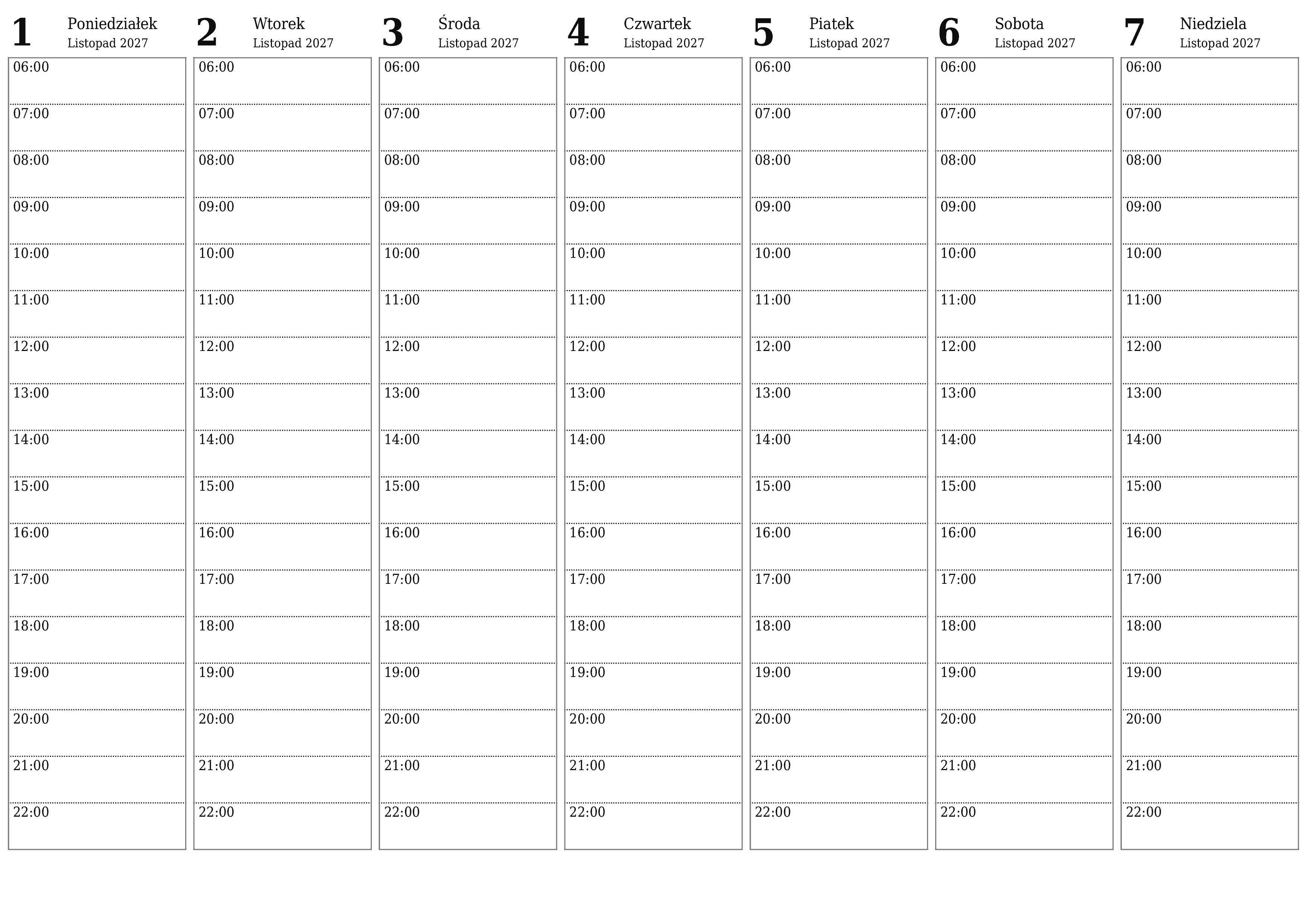 Opróżnij tygodniowy planer na tygodnie Listopad 2027 z notatkami, zapisz i wydrukuj w formacie PDF PNG Polish