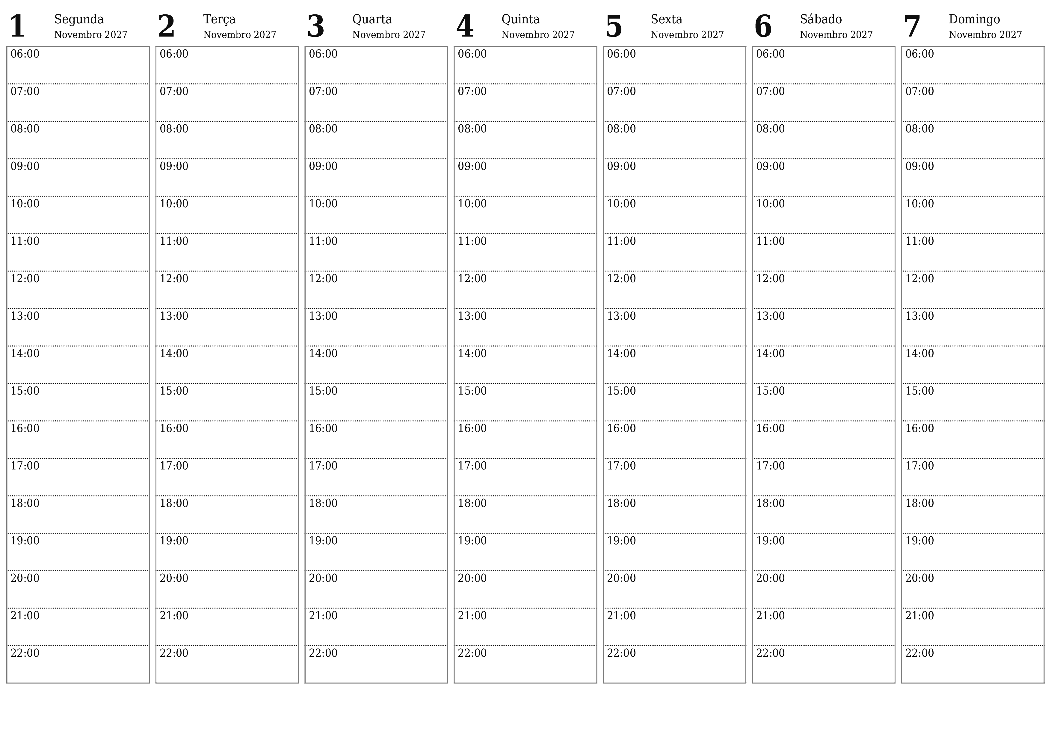 Esvazie o planejador semanal por semanas Novembro 2027 com notas, salve e imprima em PDF PNG Portuguese