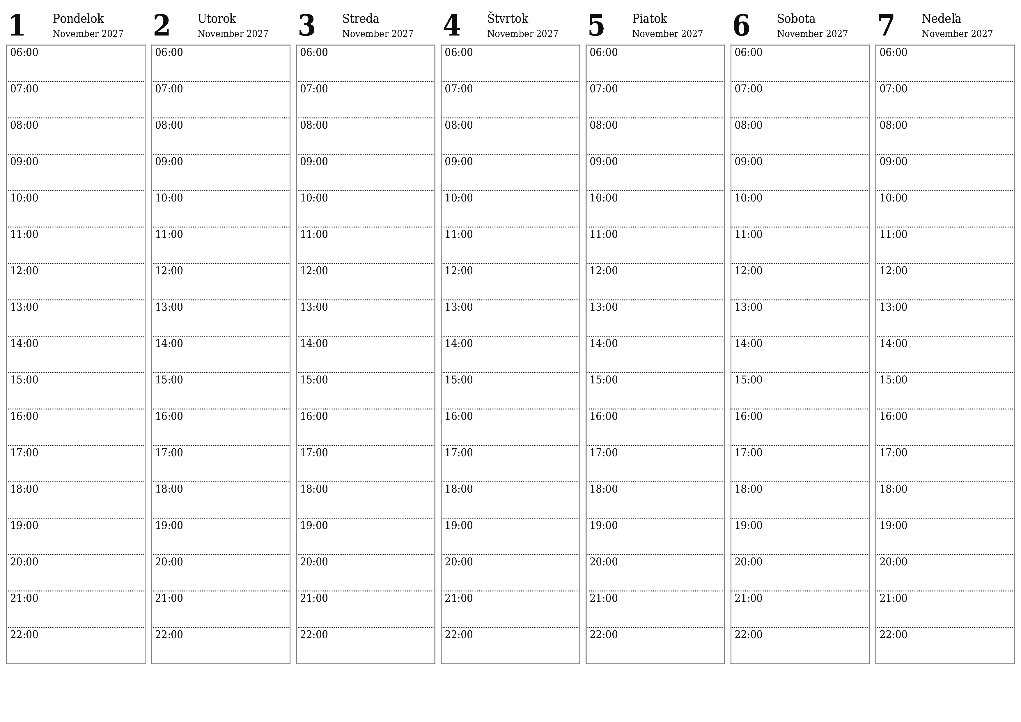 Prázdny týždenný plánovač na týždne November 2027 s poznámkami, uložením a tlačou do PDF PNG Slovak