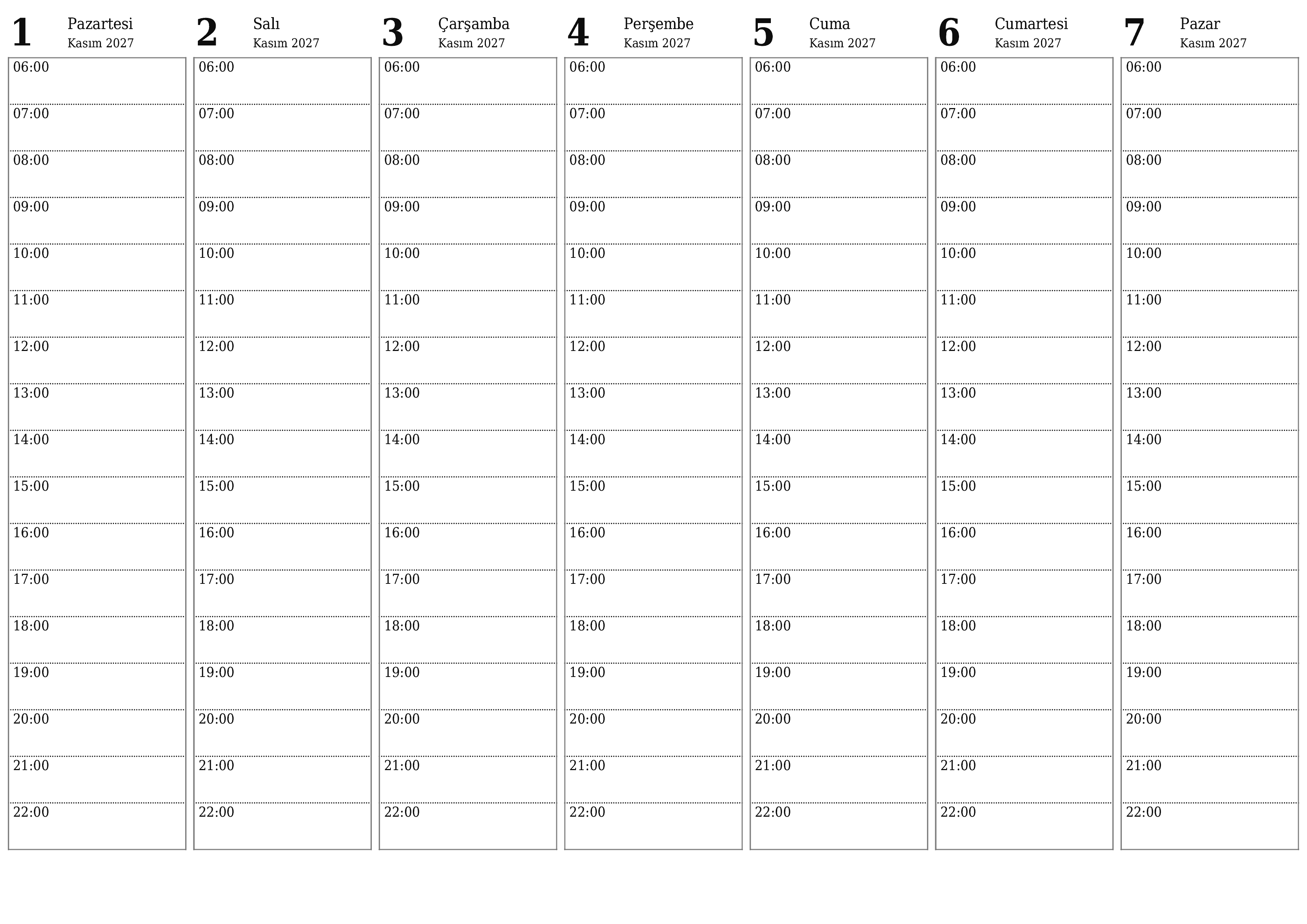 Haftalar için notlarla boş haftalık planlayıcı Kasım 2027, kaydedin ve PDF'ye yazdırın PNG Turkish