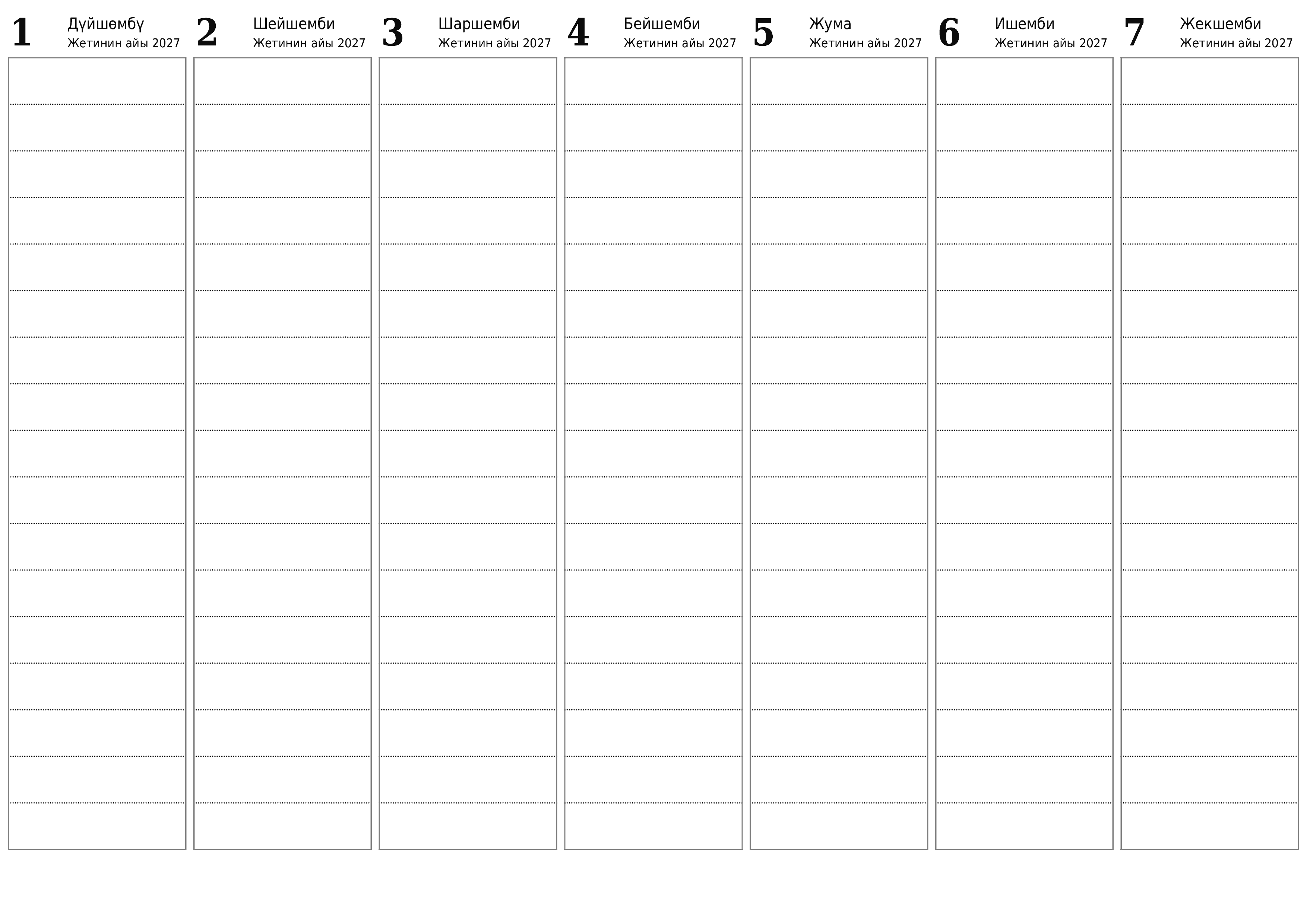 PDF PNG Kyrgyz форматында басып чыгаруу үчүн эскертүүлөр менен Жетинин айы 2027 үчүн бош жумалык календардык пландоочу