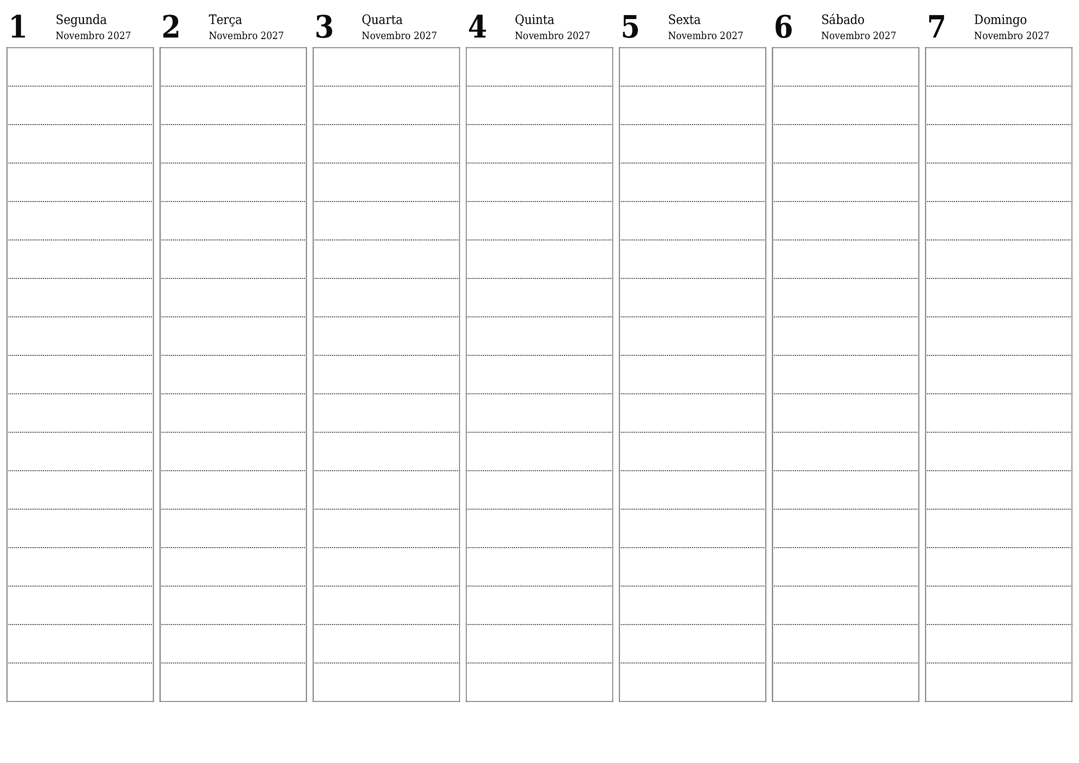 Esvazie o planejador semanal por semanas Novembro 2027 com notas, salve e imprima em PDF PNG Portuguese