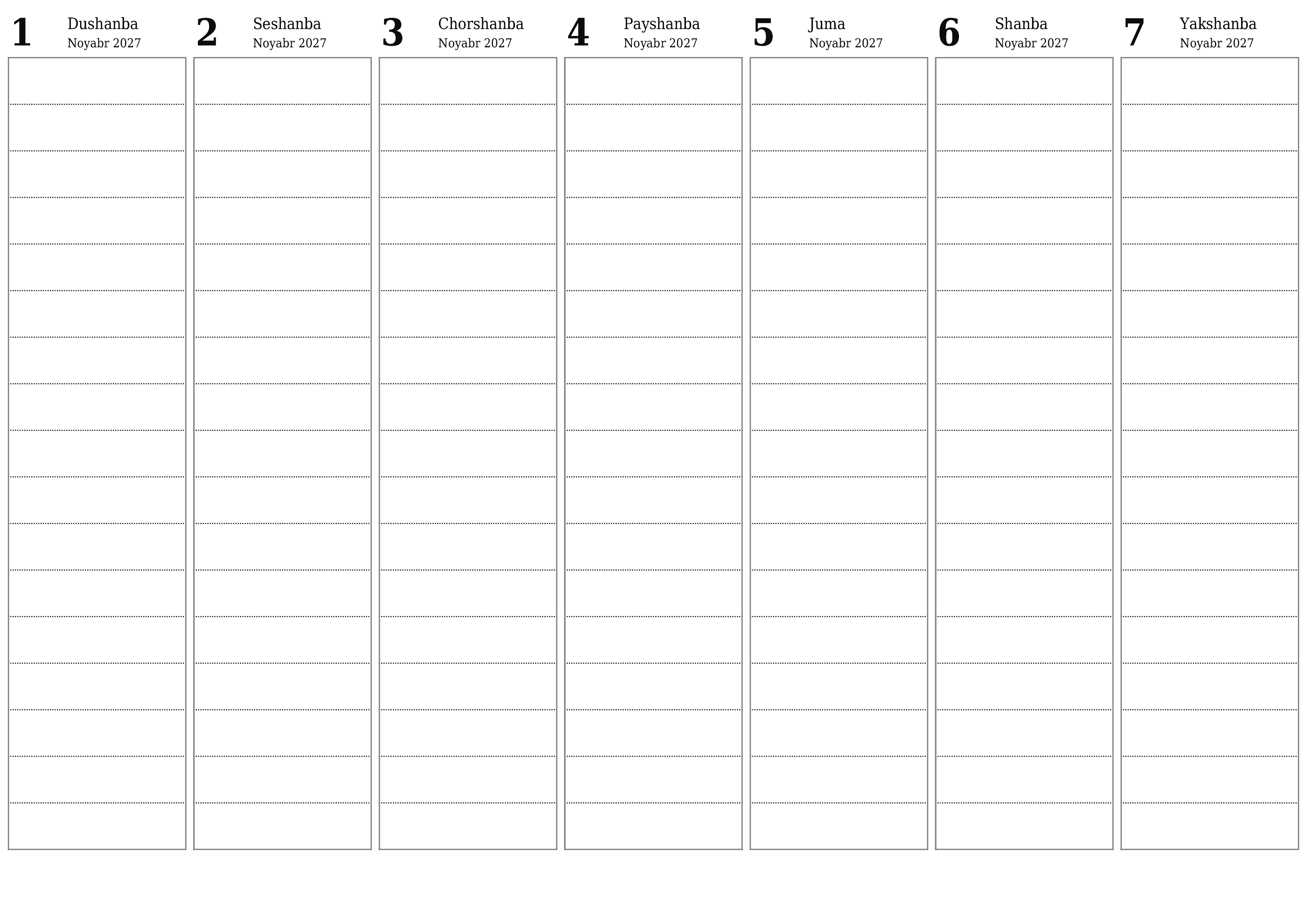 Haftalik rejalashtiruvchi Noyabr 2027 haftalar uchun yozuvlar bilan bo'shatib, saqlang va PDF-ga chop eting PNG Uzbek