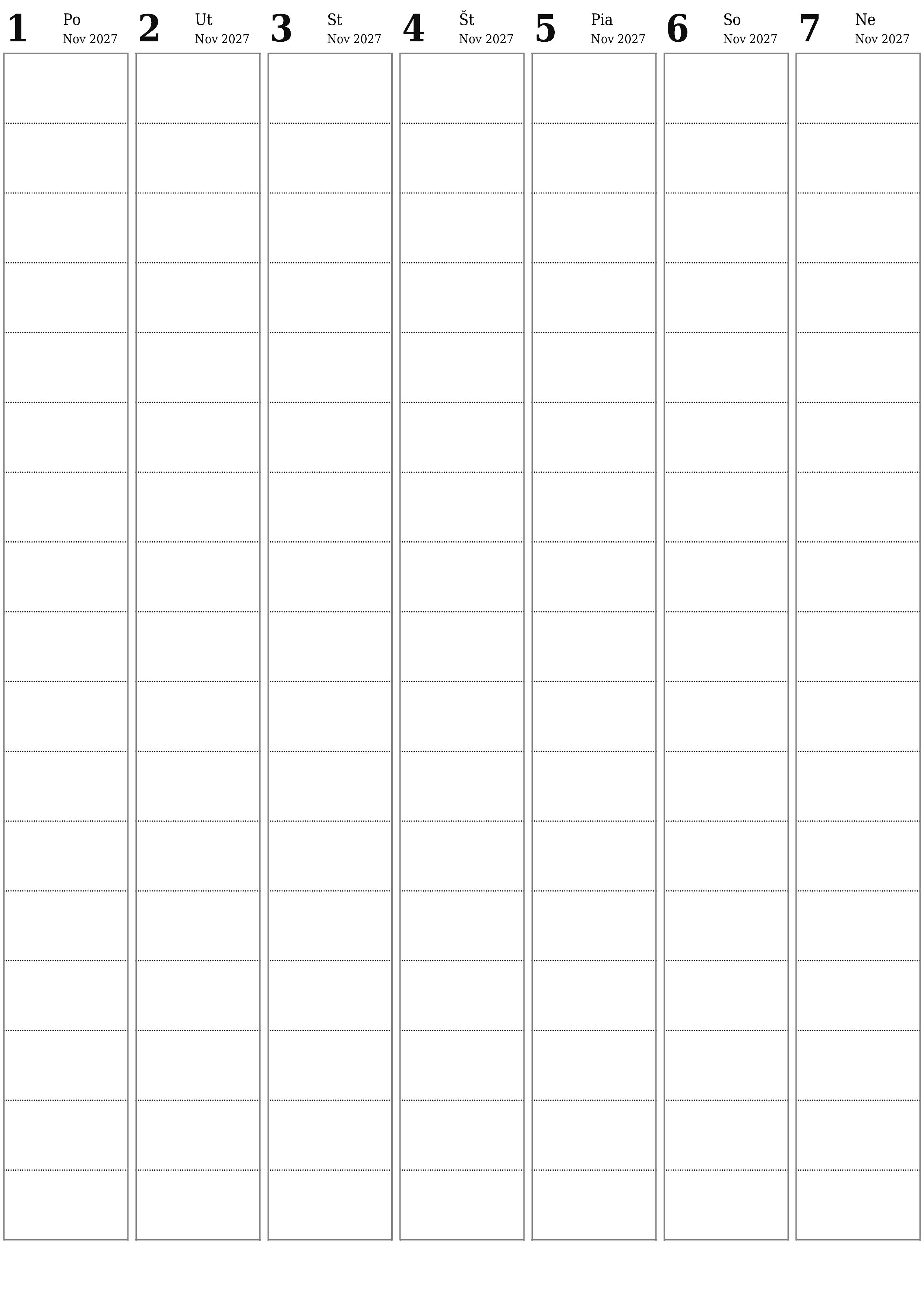 Prázdny týždenný plánovač na týždne November 2027 s poznámkami, uložením a tlačou do PDF PNG Slovak