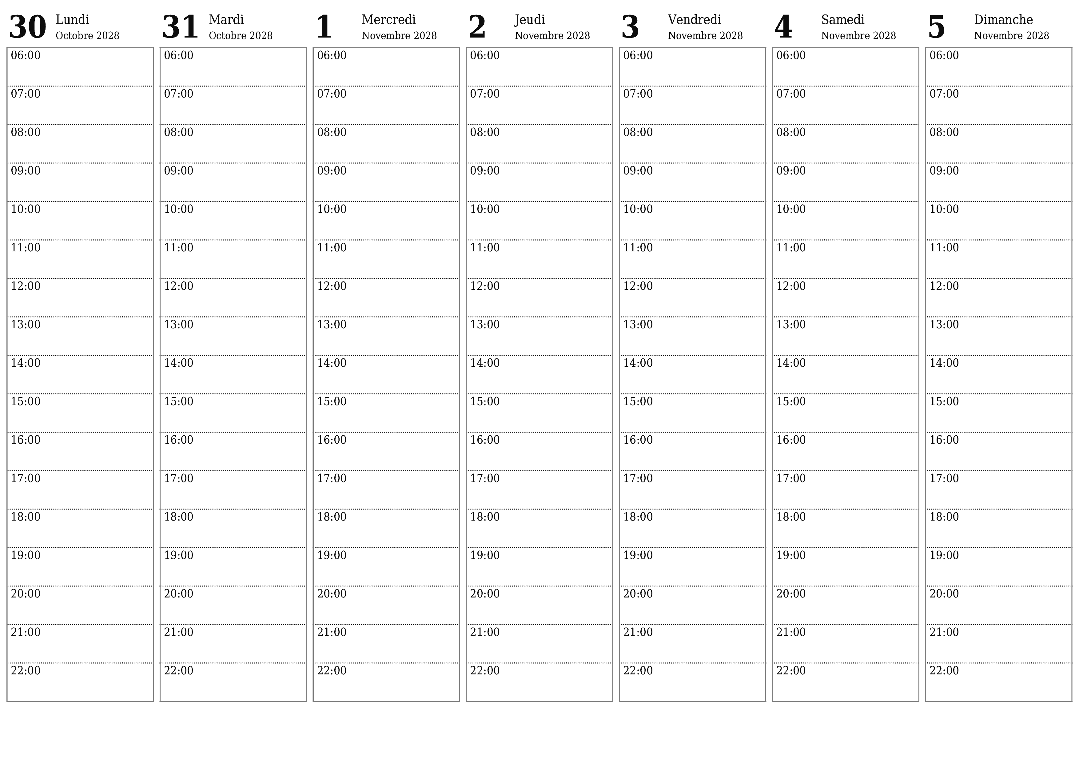 Agenda hebdomadaire vide pendant des semaines Novembre 2028 avec notes, enregistrez et imprimez au format PDF PNG French