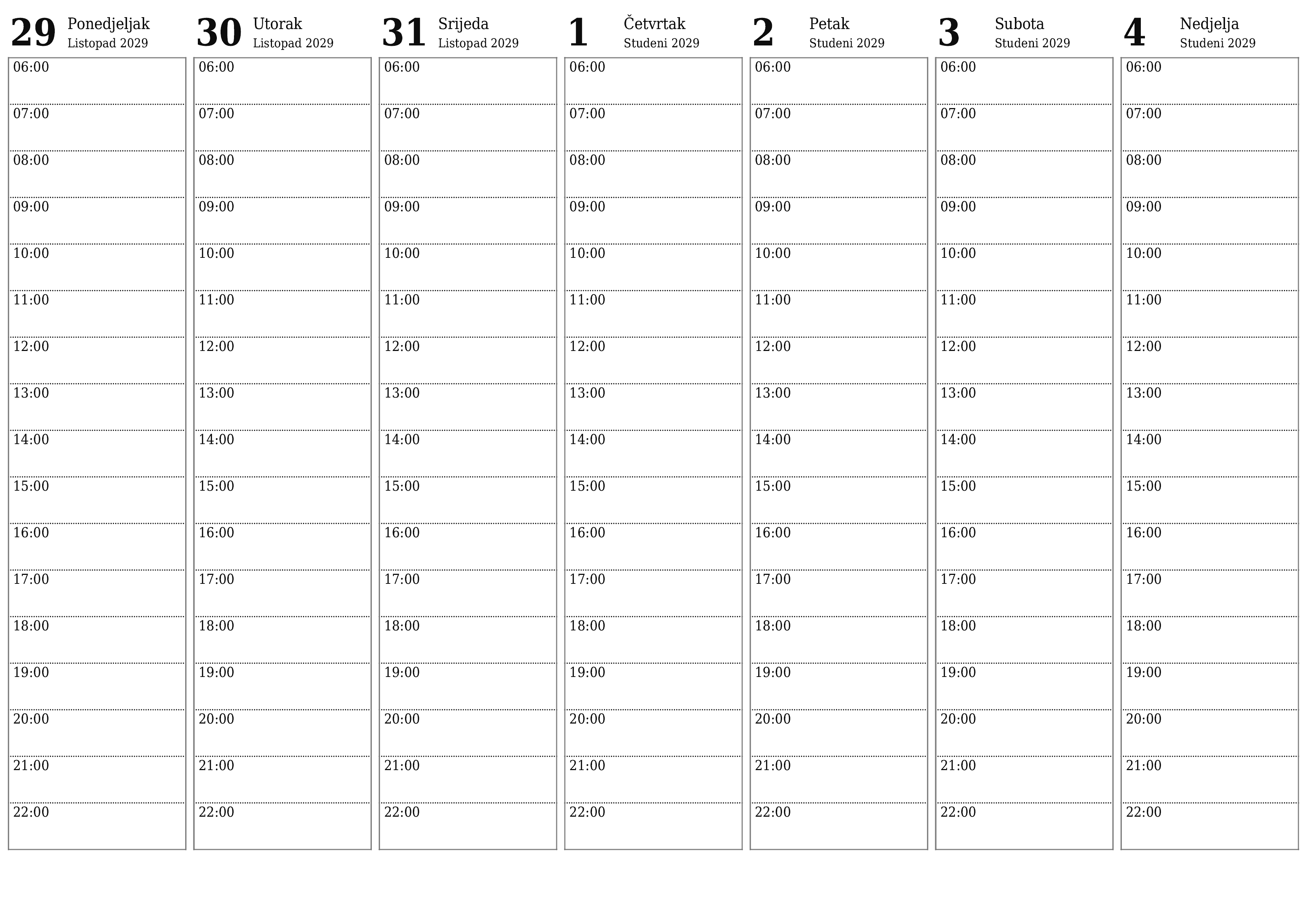  za ispis zidni predložak a besplatni horizontalno Tjedni planer kalendar Studeni (Stu) 2029