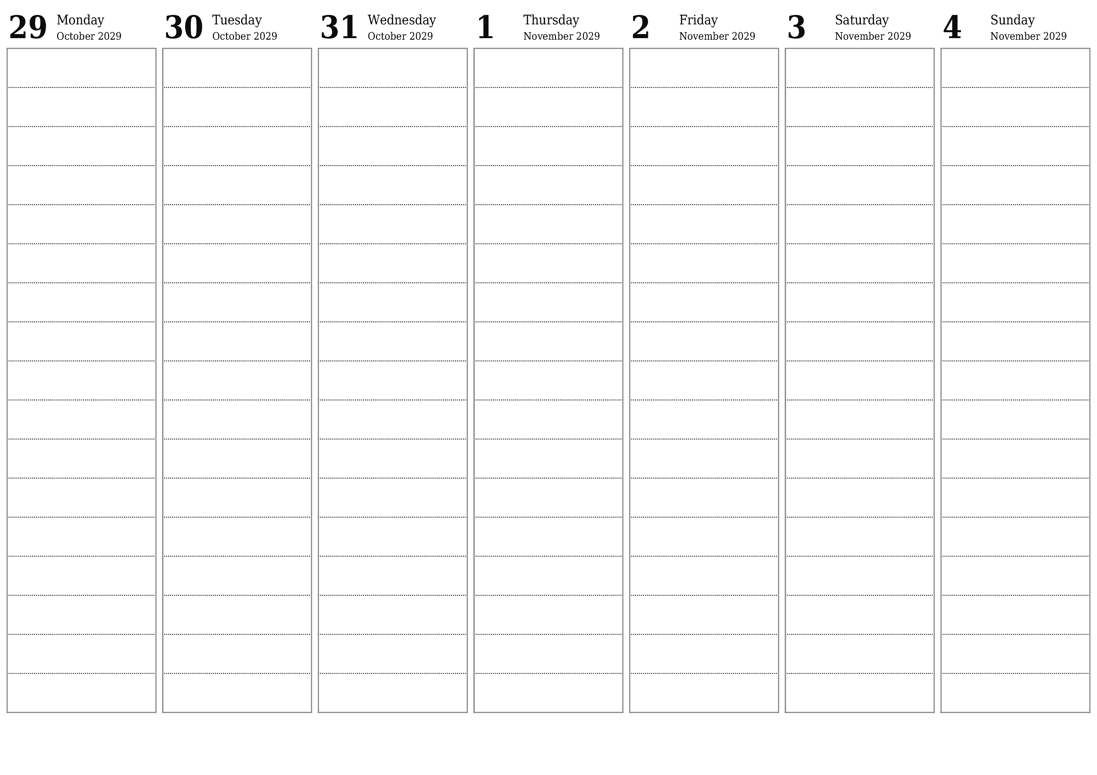 printable wall template free horizontal Weekly planner calendar November (Nov) 2029