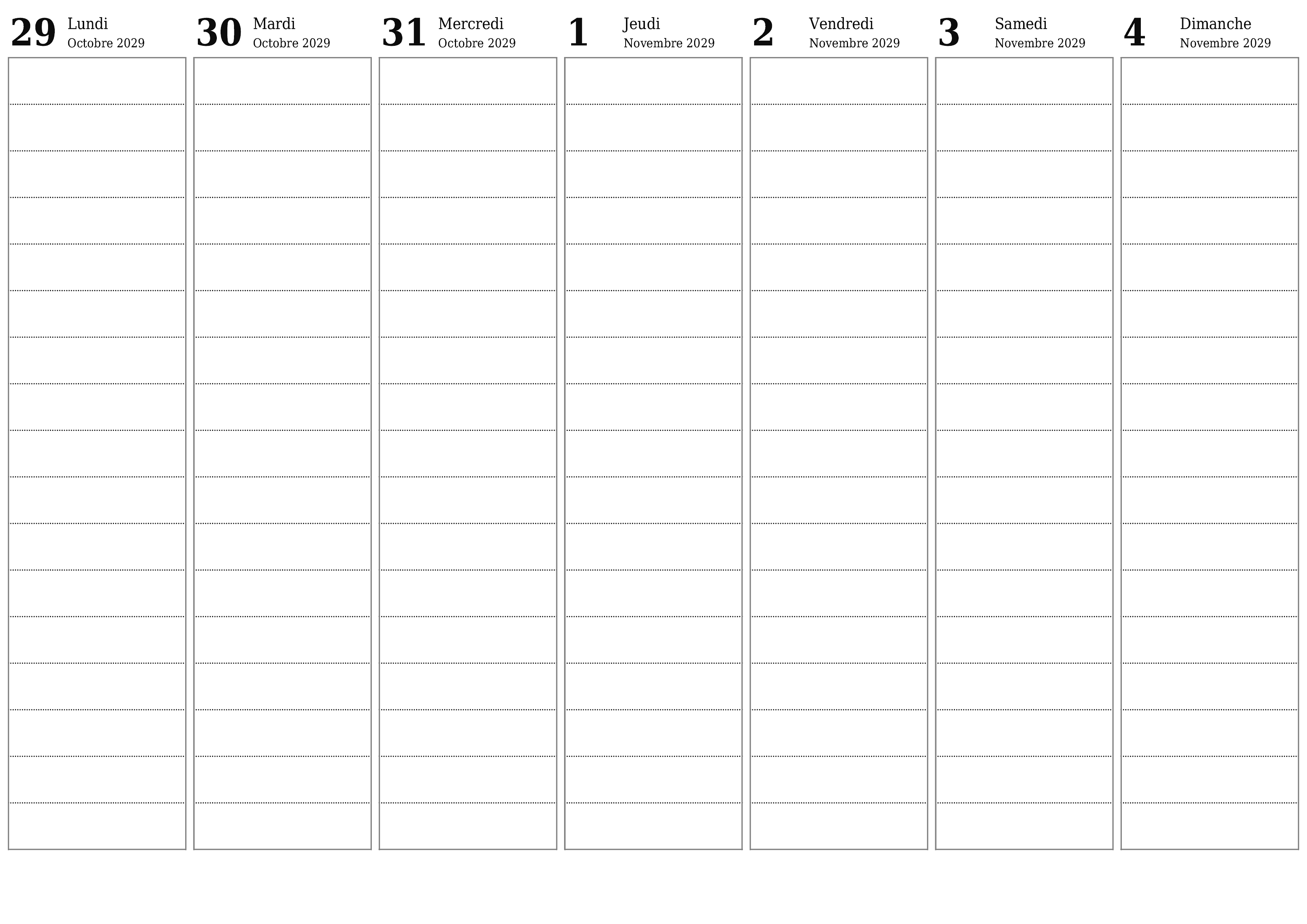 Agenda hebdomadaire vide pendant des semaines Novembre 2029 avec notes, enregistrez et imprimez au format PDF PNG French