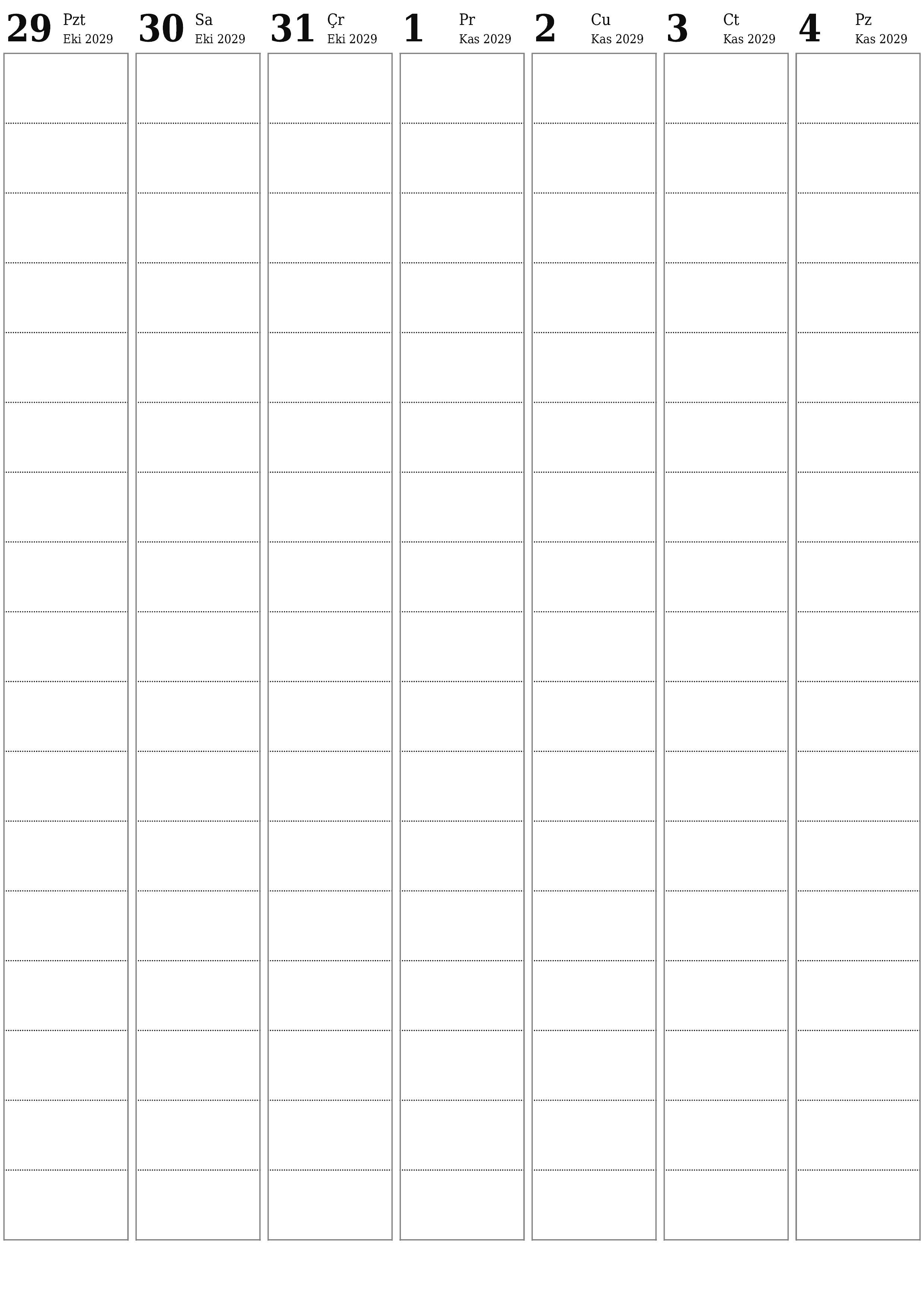 Haftalar için notlarla boş haftalık planlayıcı Kasım 2029, kaydedin ve PDF'ye yazdırın PNG Turkish