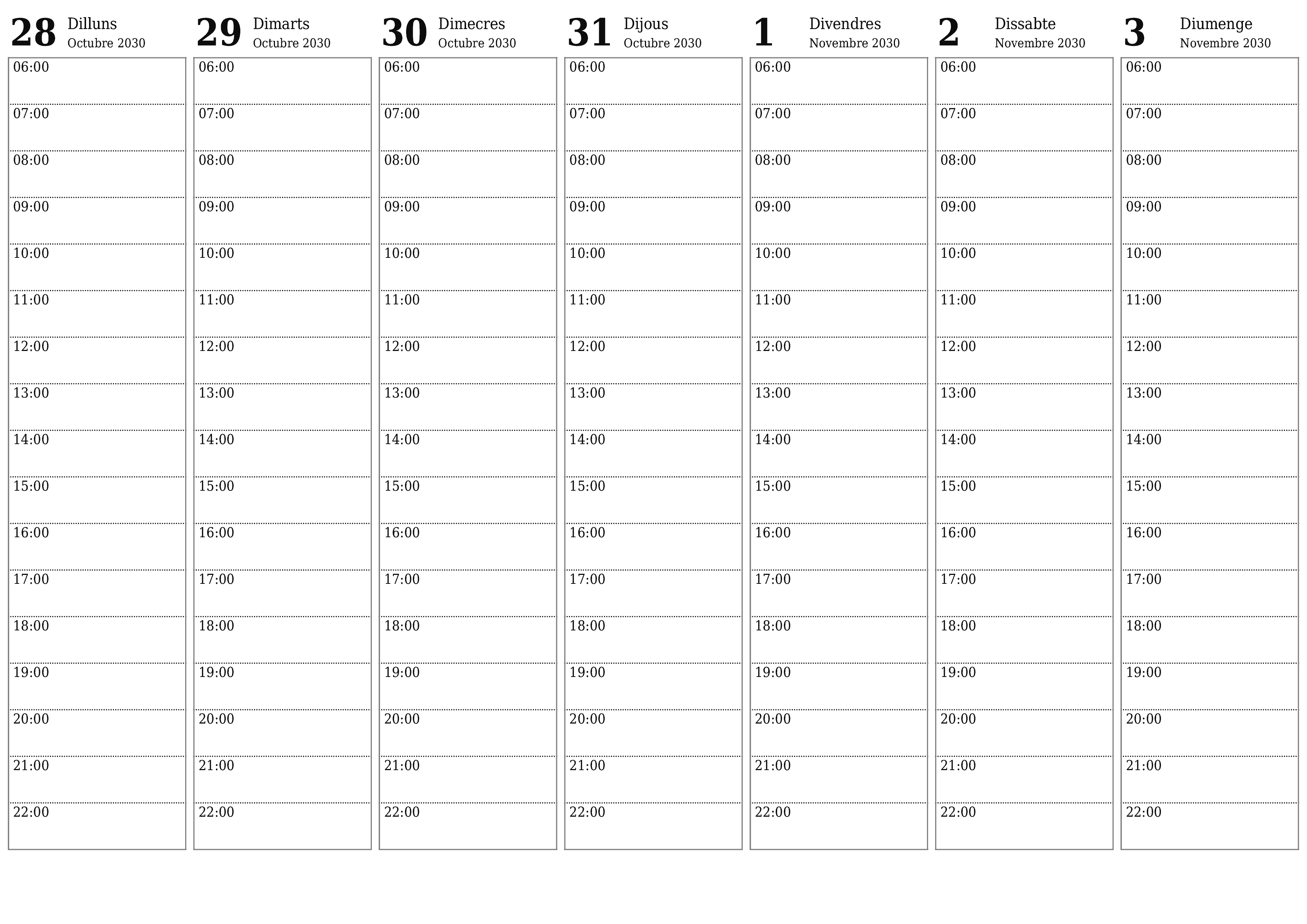Planificador setmanal buit durant setmanes Novembre 2030 amb notes, deseu-lo i imprimiu-lo en format PDF PNG Catalan