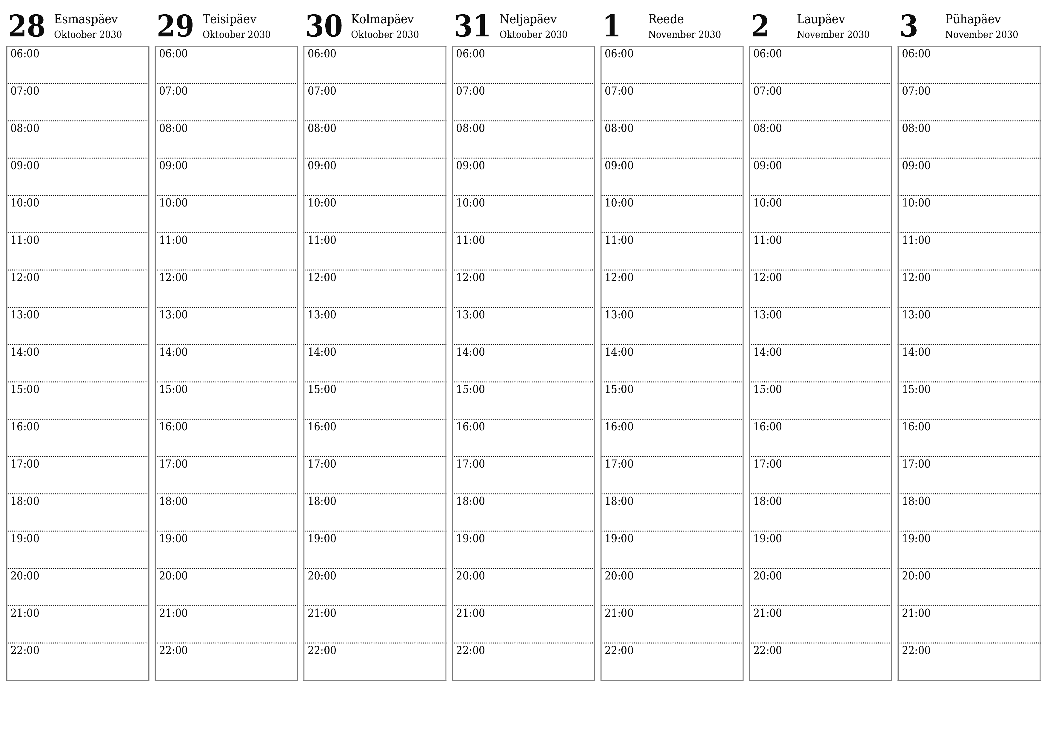 Tühjendage nädala planeerija nädalaid November 2030 märkmetega, salvestage ja printige PDF-i PNG Estonian