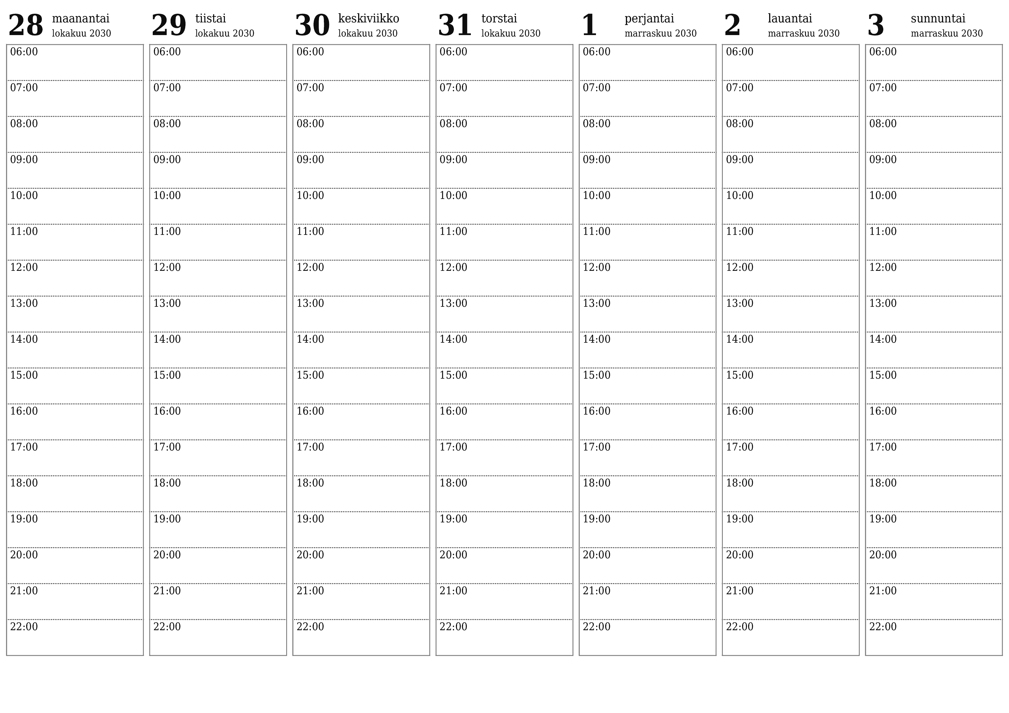 Tyhjennä viikkosuunnittelija viikkojen ajan Marraskuu 2030 muistiinpanoilla, tallenna ja tulosta PDF-muotoon PNG Finnish