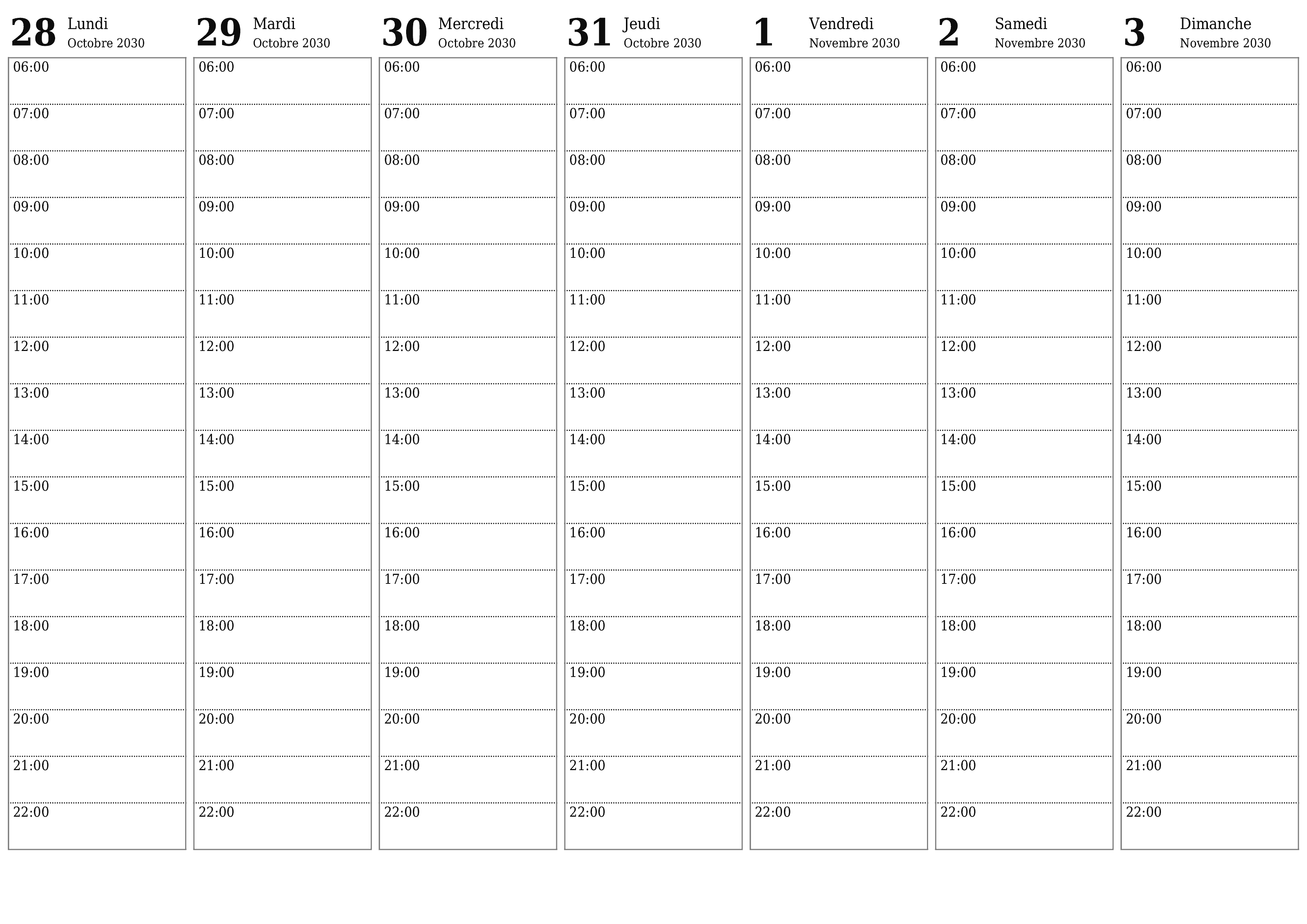 Agenda hebdomadaire vide pendant des semaines Novembre 2030 avec notes, enregistrez et imprimez au format PDF PNG French