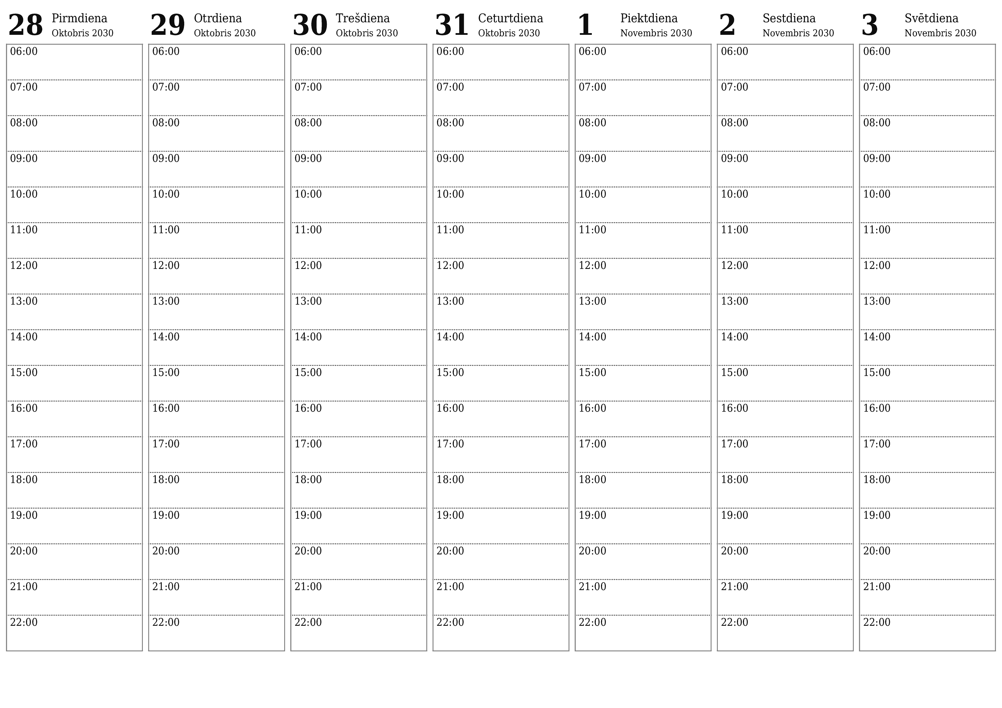 Iztukšojiet nedēļas plānotāju nedēļām Novembris 2030 ar piezīmēm, saglabājiet un izdrukājiet PDF formātā PNG Latvian