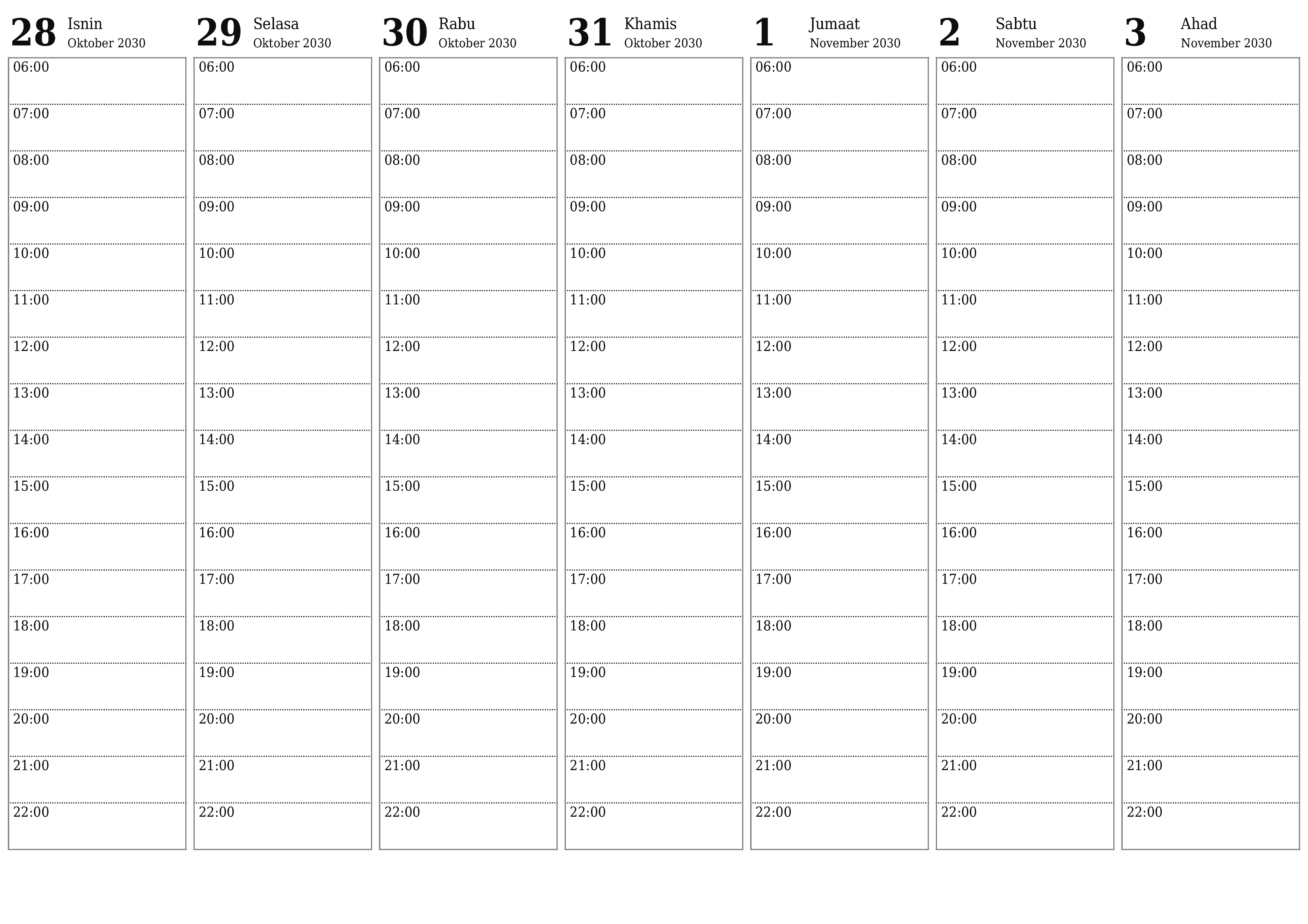  boleh cetak dinding templat percumamendatar Mingguan perancang kalendar November (Nov) 2030