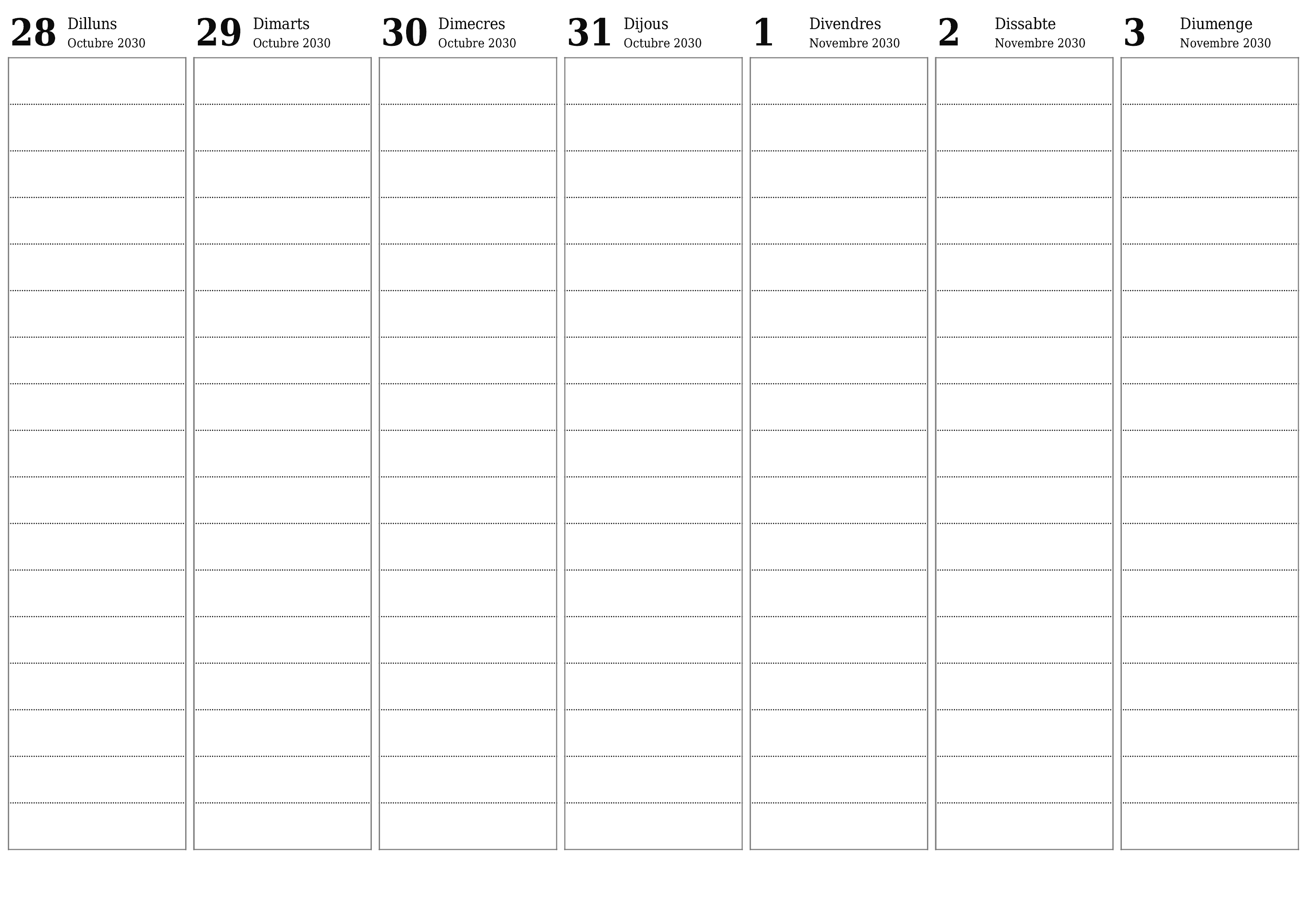 Planificador setmanal buit durant setmanes Novembre 2030 amb notes, deseu-lo i imprimiu-lo en format PDF PNG Catalan