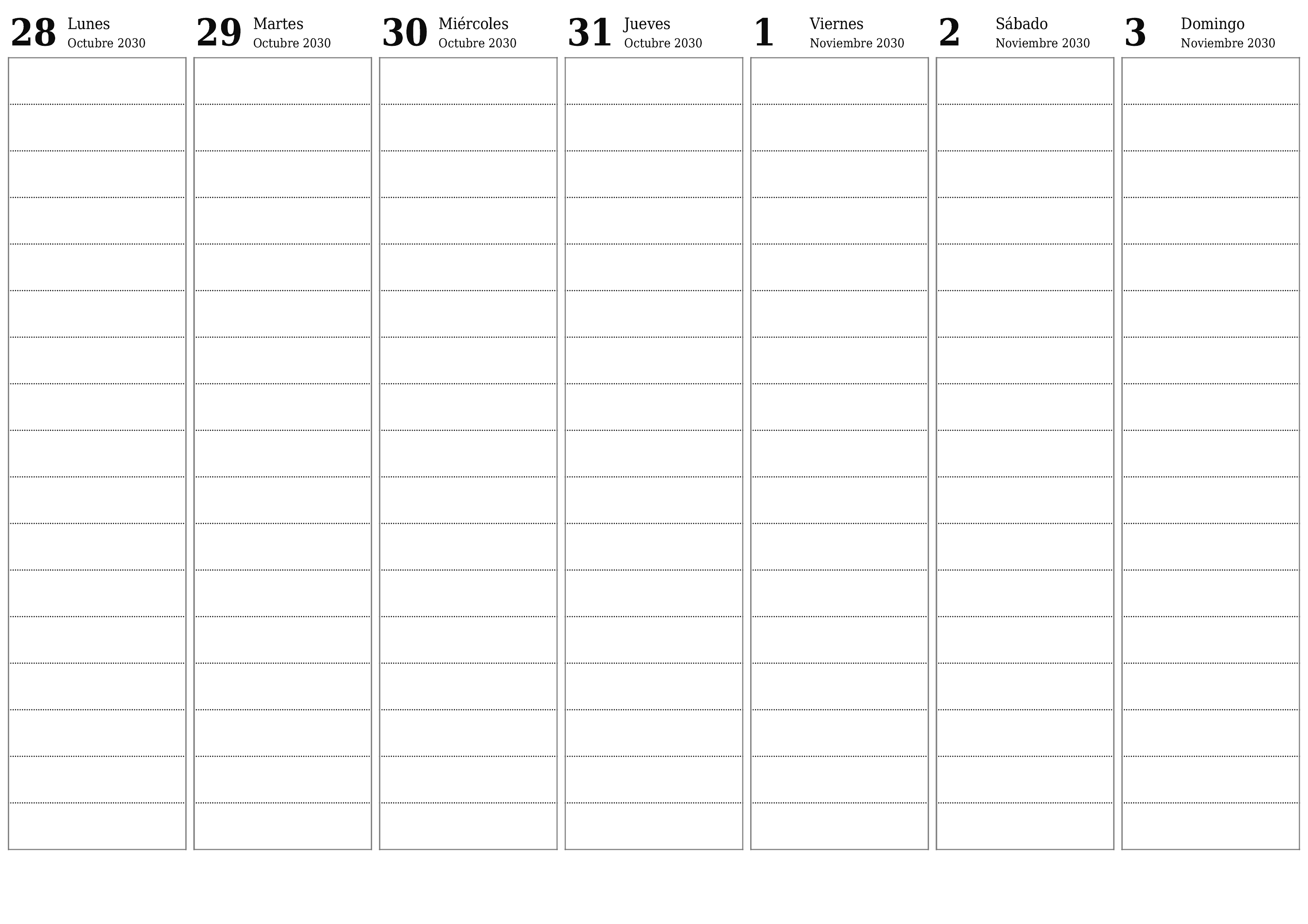 Planificador semanal vacío para semanas Noviembre 2030 con notas, guardar e imprimir en PDF PNG Spanish
