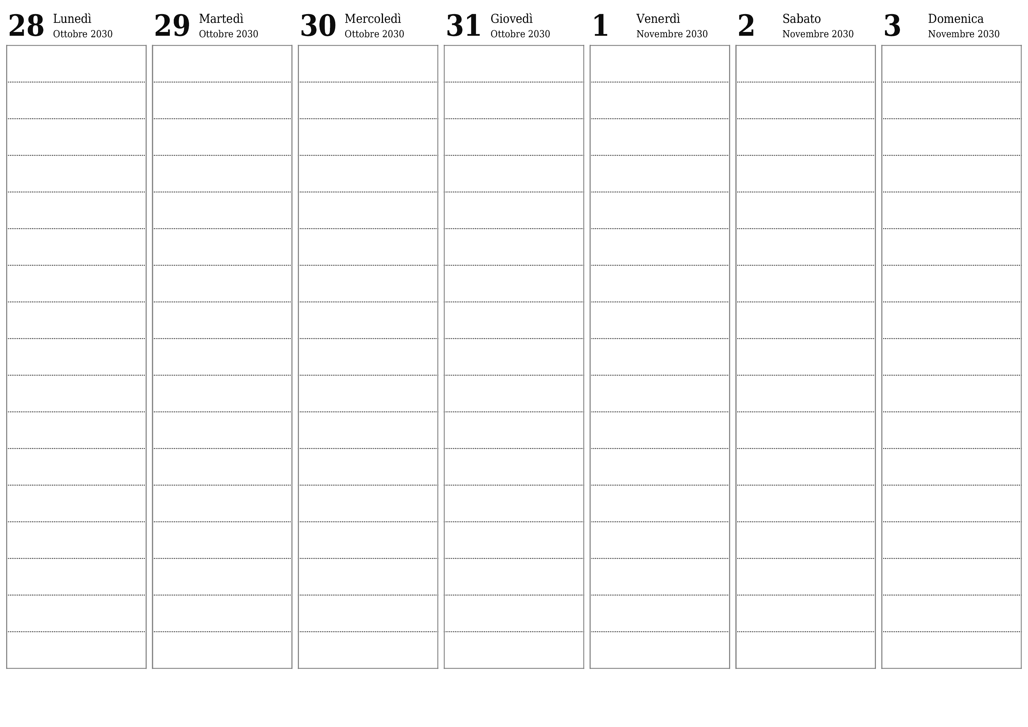 Agenda settimanale vuota per settimane Novembre 2030 con note, salva e stampa in PDF PNG Italian