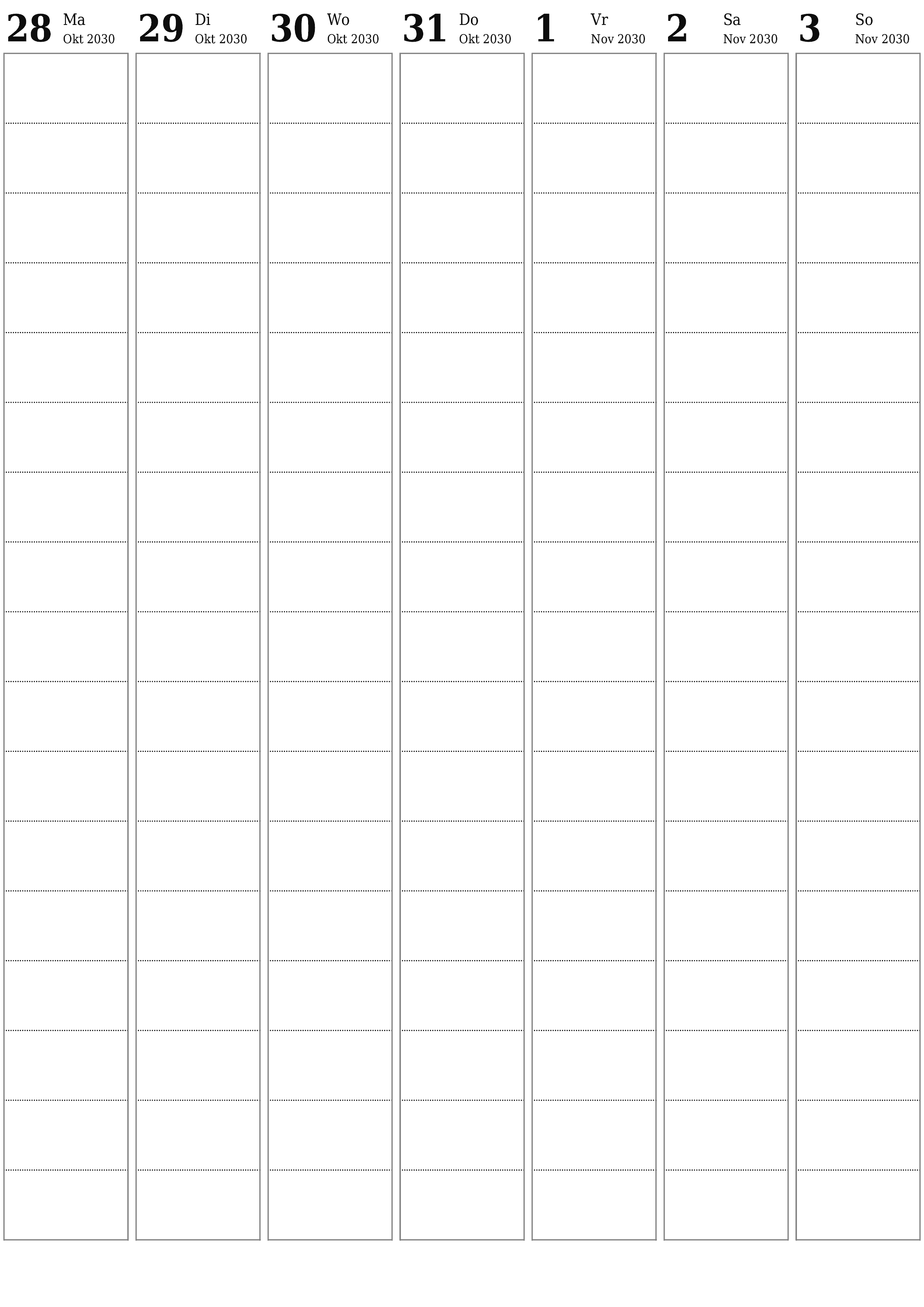 Leë weeklikse drukbare kalender en beplanner vir week November 2030 met notas, stoor en druk na PDF PNG Afrikaans