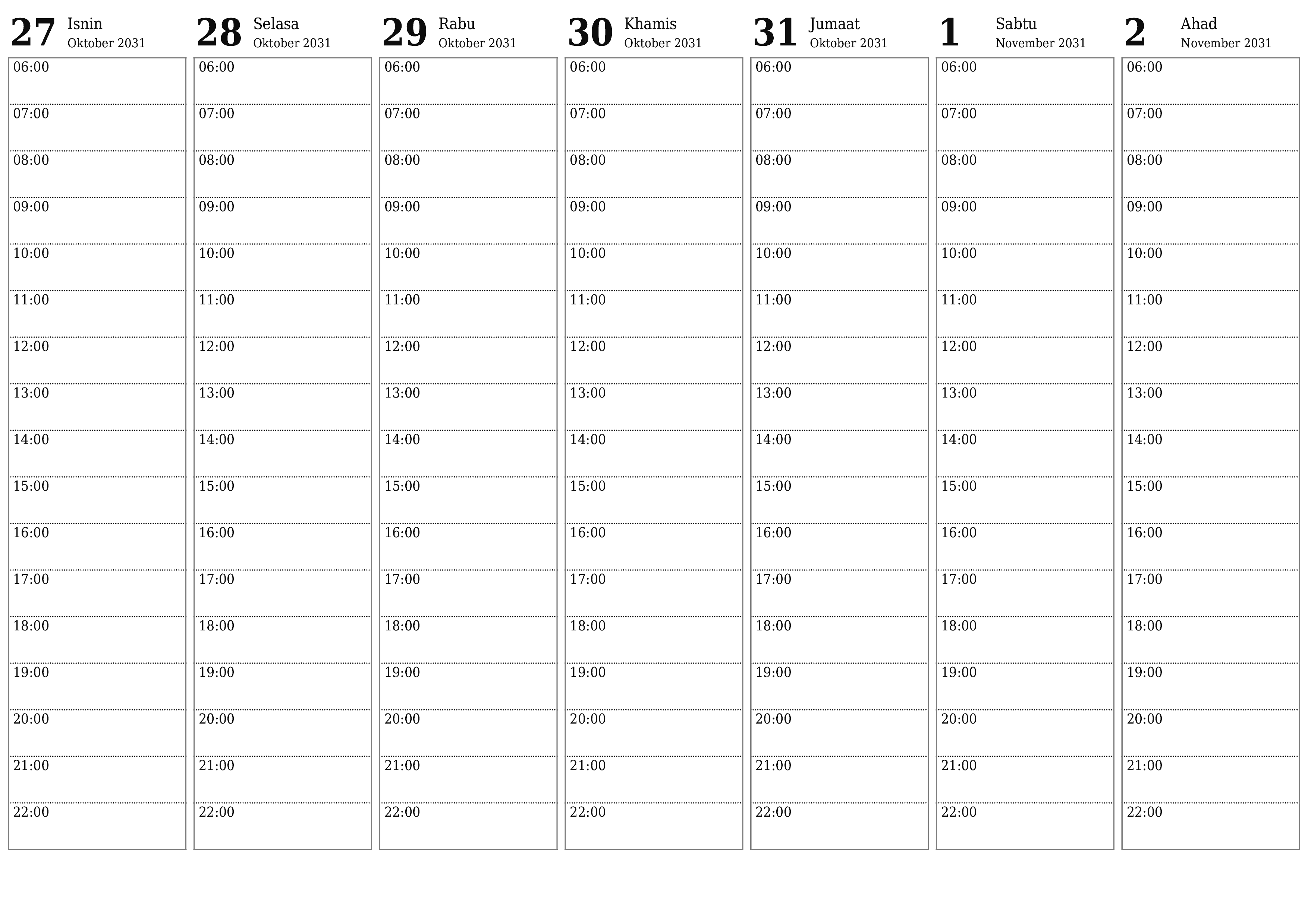  boleh cetak dinding templat percumamendatar Mingguan perancang kalendar November (Nov) 2031