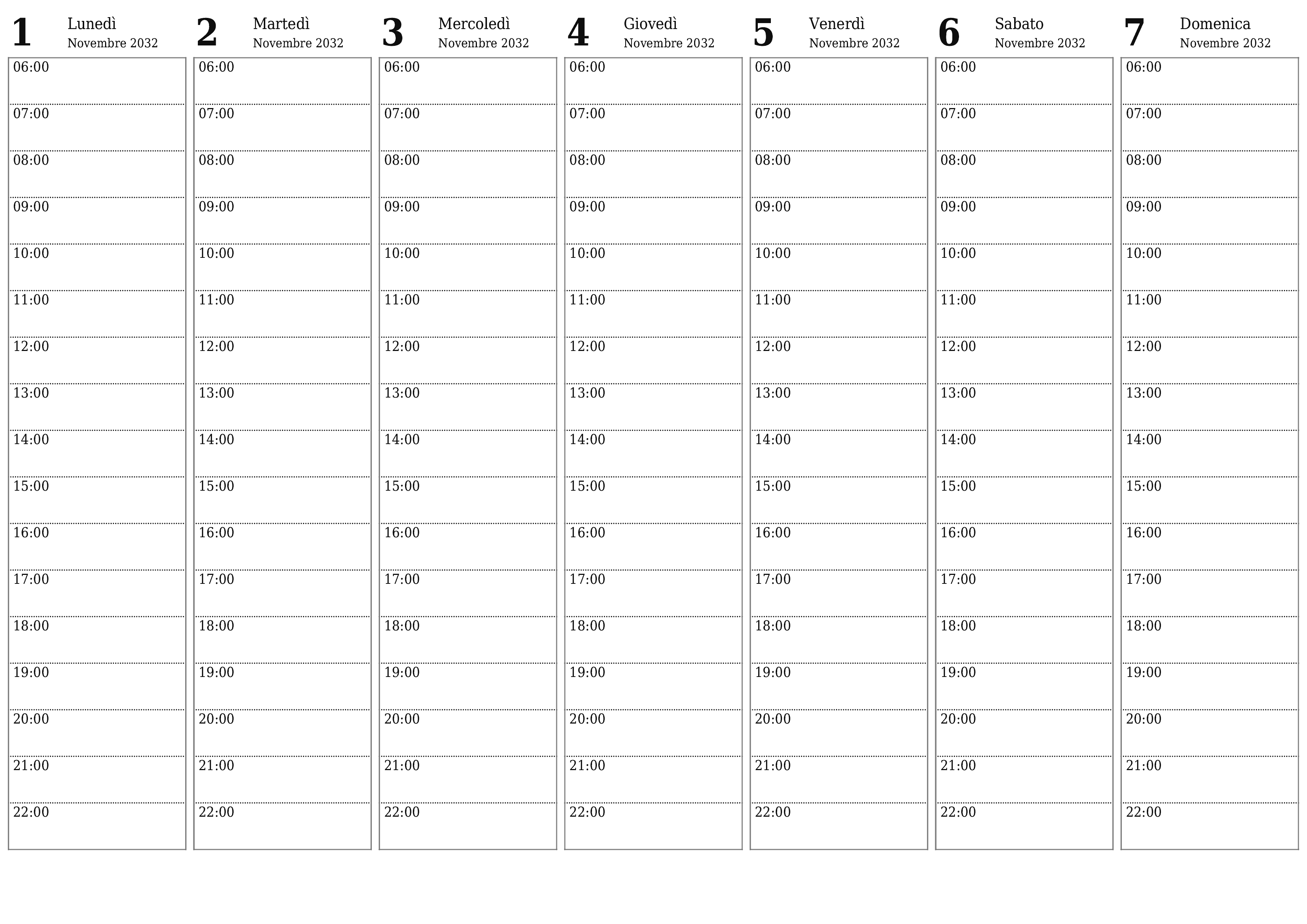 Agenda settimanale vuota per settimane Novembre 2032 con note, salva e stampa in PDF PNG Italian