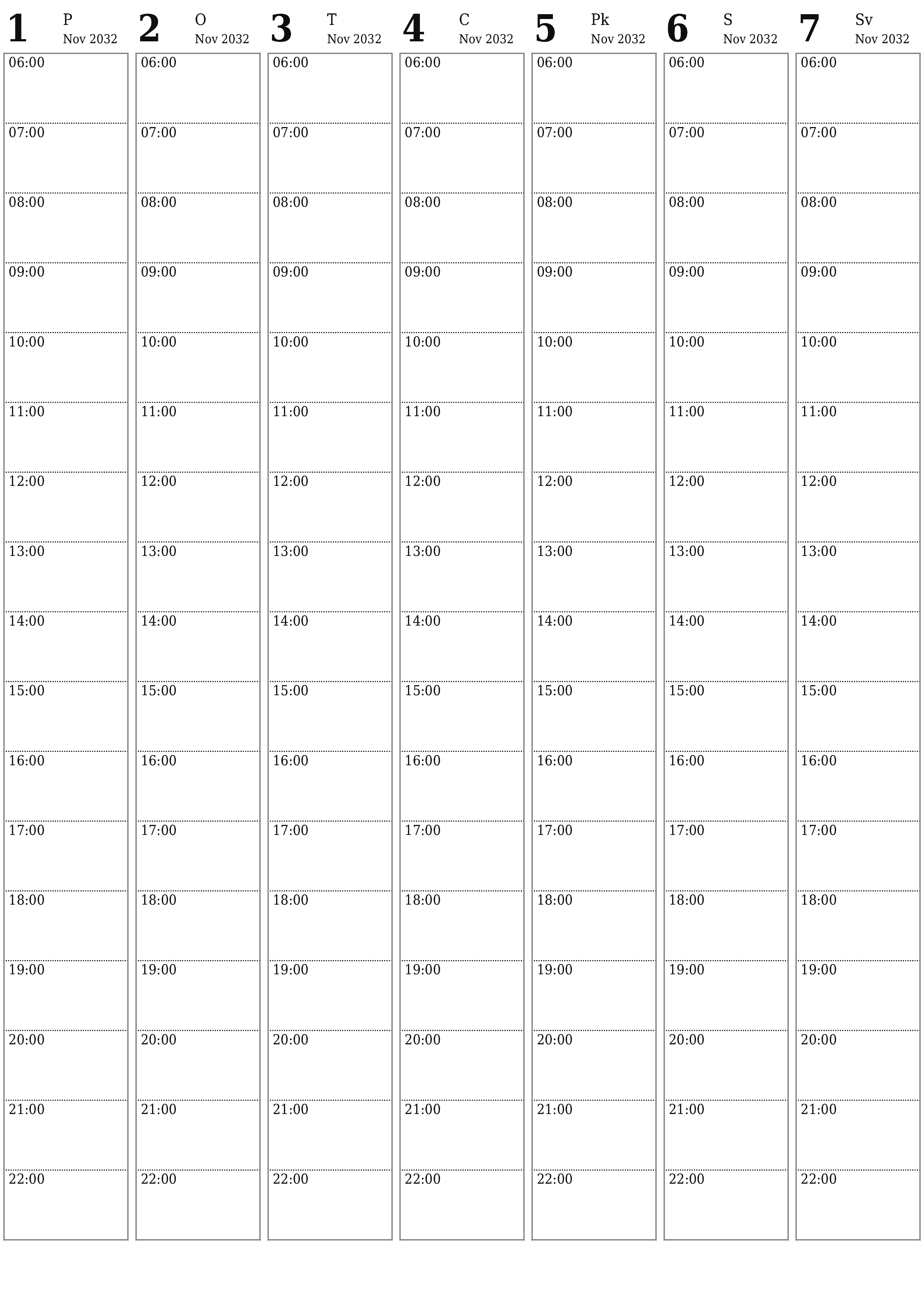Iztukšojiet nedēļas plānotāju nedēļām Novembris 2032 ar piezīmēm, saglabājiet un izdrukājiet PDF formātā PNG Latvian