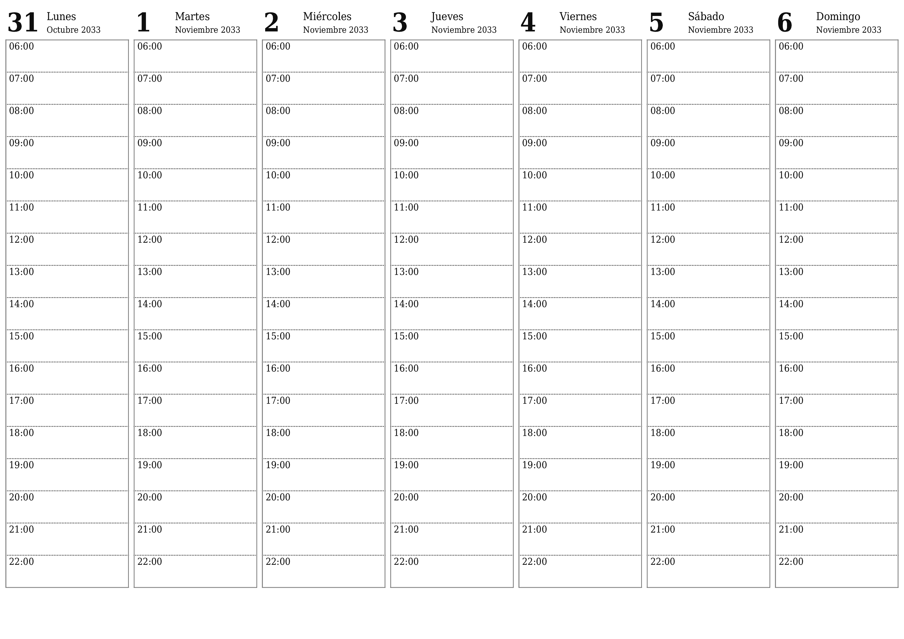 Planificador semanal vacío para semanas Noviembre 2033 con notas, guardar e imprimir en PDF PNG Spanish