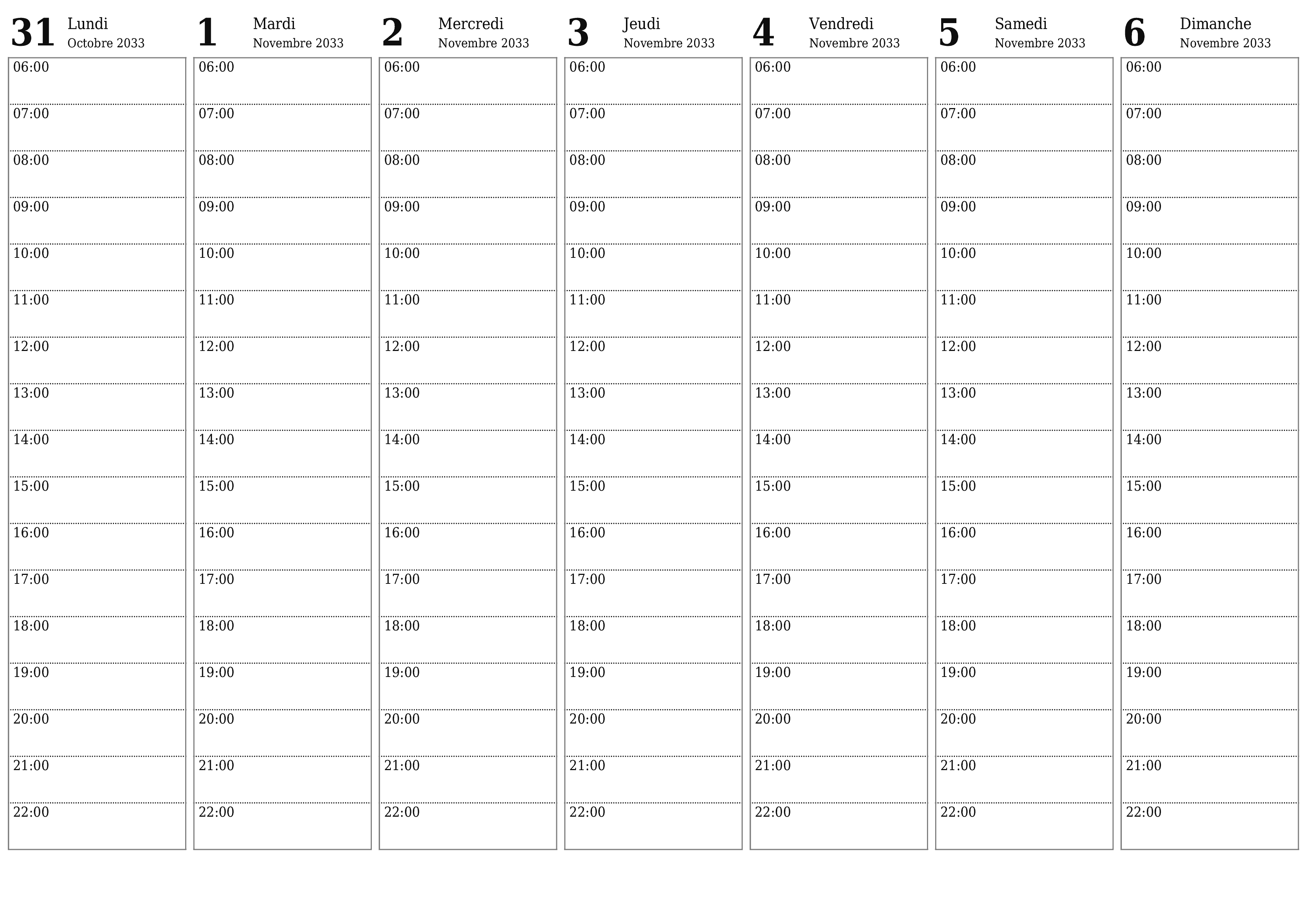 Agenda hebdomadaire vide pendant des semaines Novembre 2033 avec notes, enregistrez et imprimez au format PDF PNG French