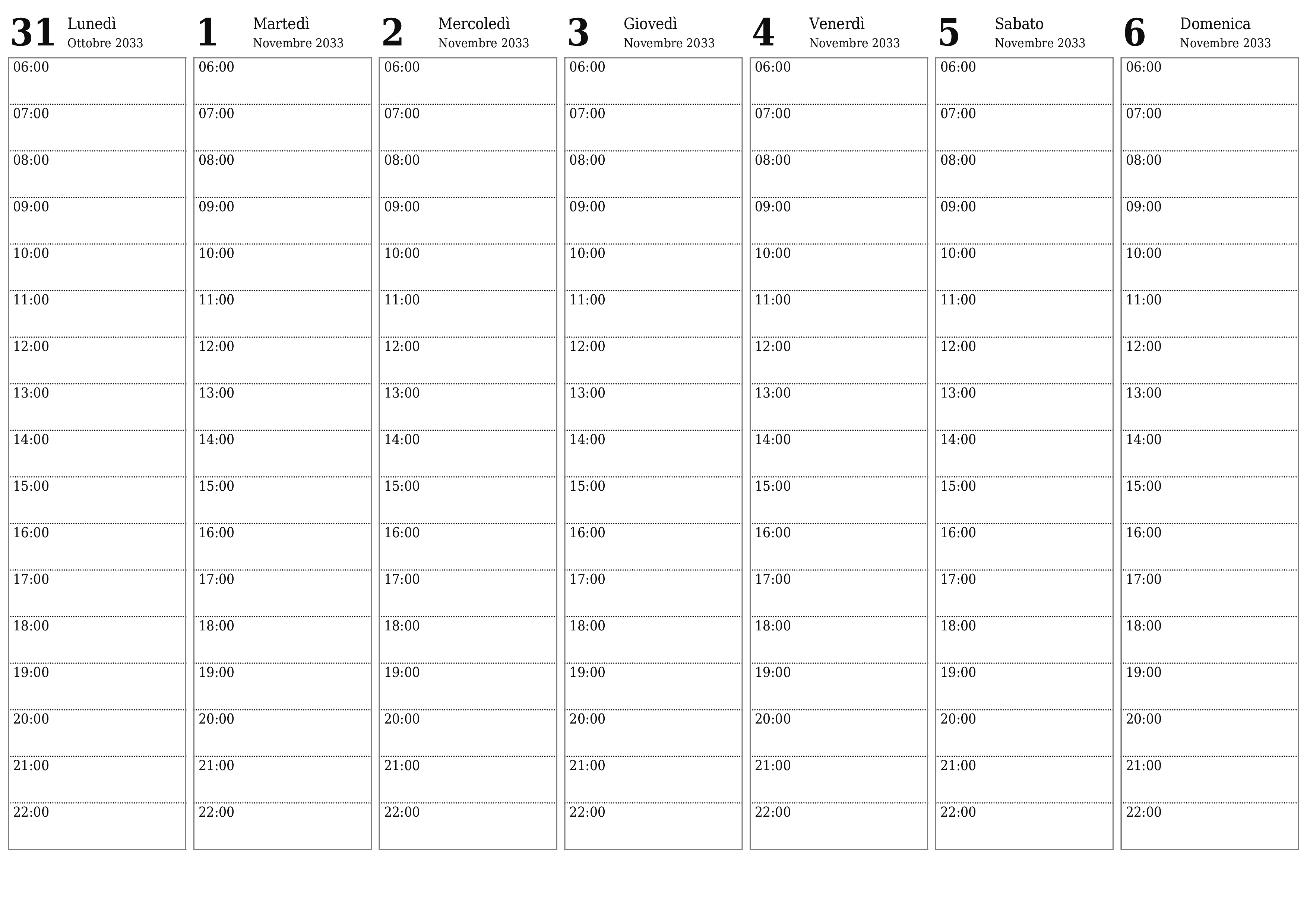 Agenda settimanale vuota per settimane Novembre 2033 con note, salva e stampa in PDF PNG Italian