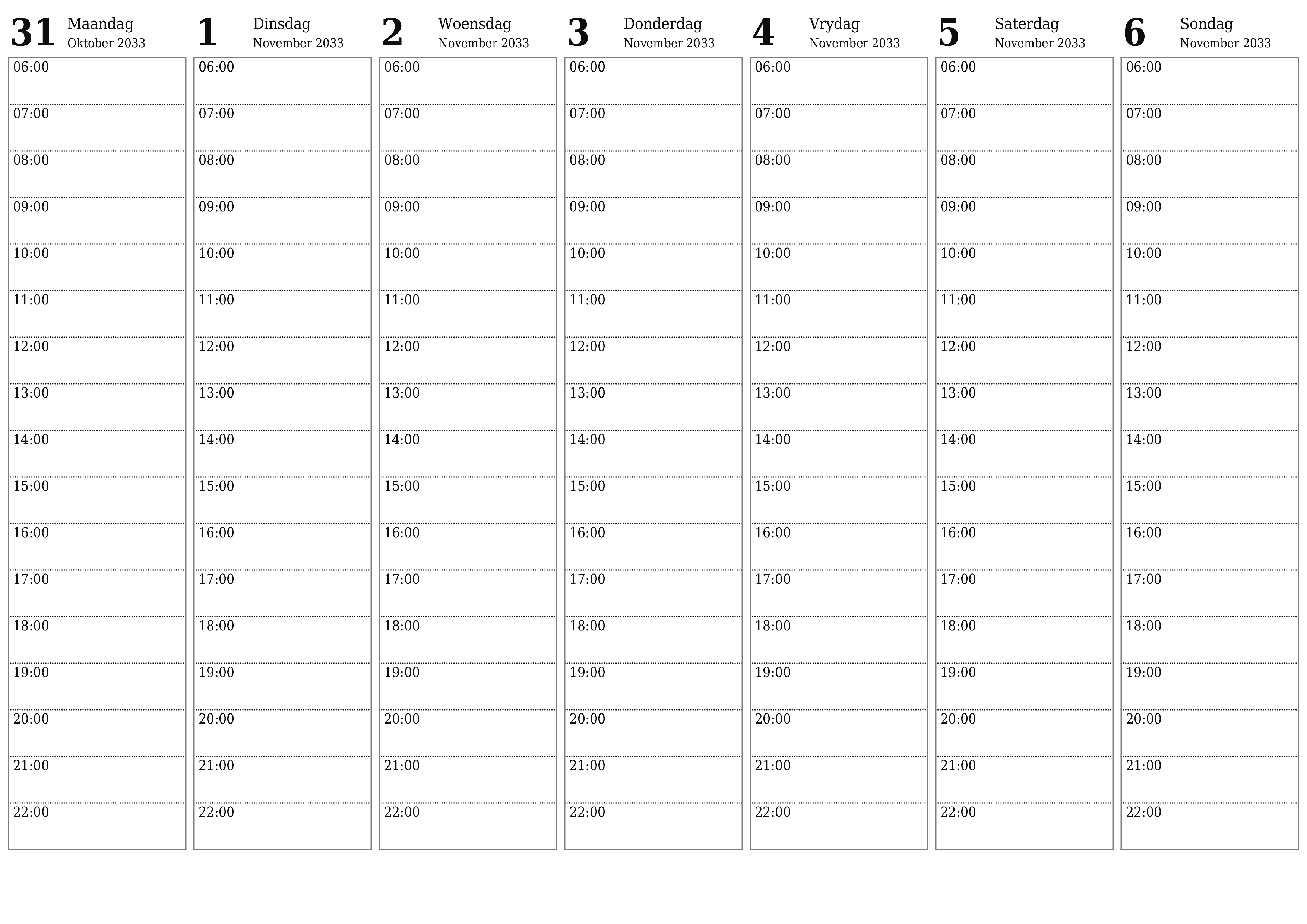 Leë weeklikse drukbare kalender en beplanner vir week November 2033 met notas, stoor en druk na PDF PNG Afrikaans