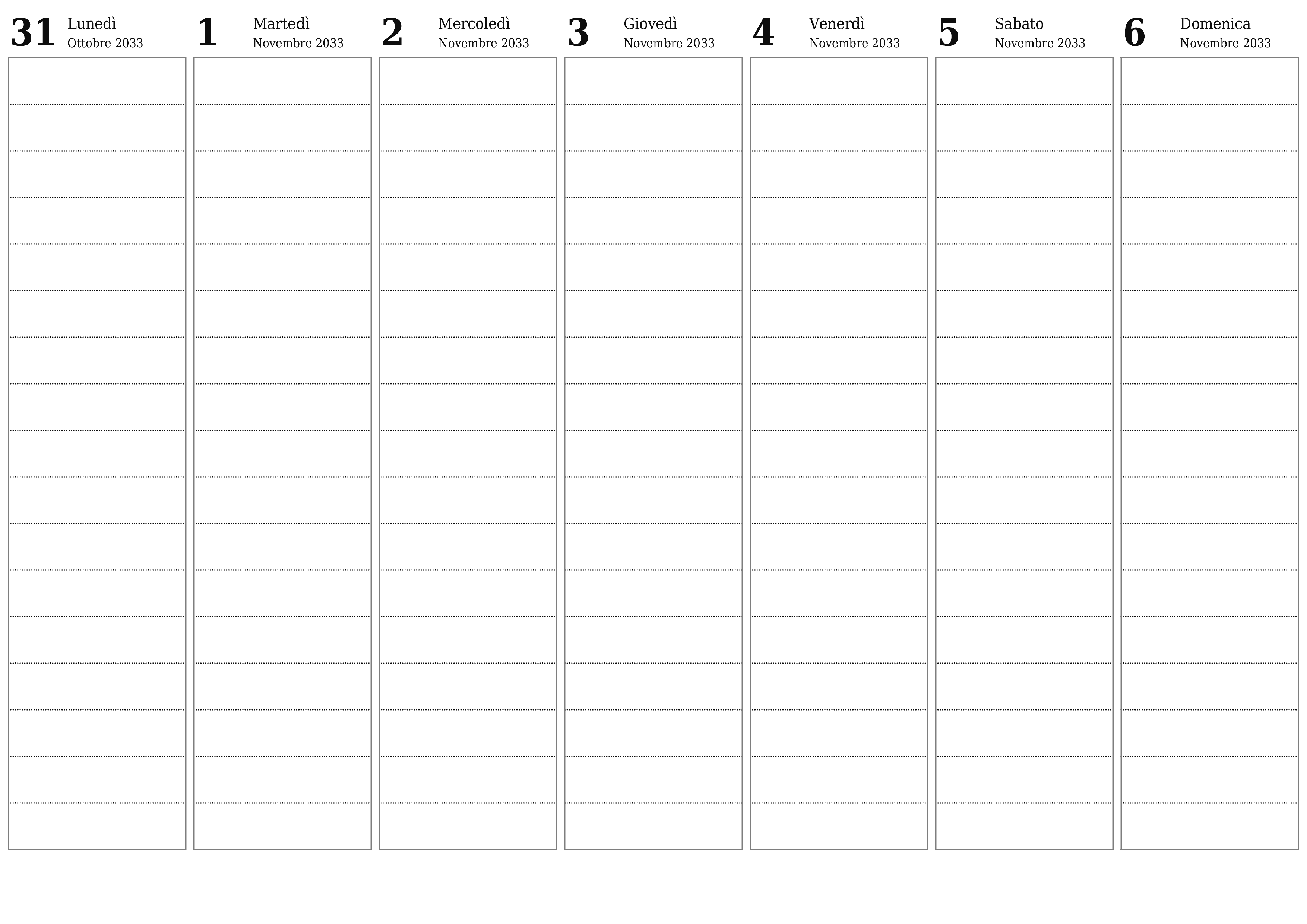 Agenda settimanale vuota per settimane Novembre 2033 con note, salva e stampa in PDF PNG Italian
