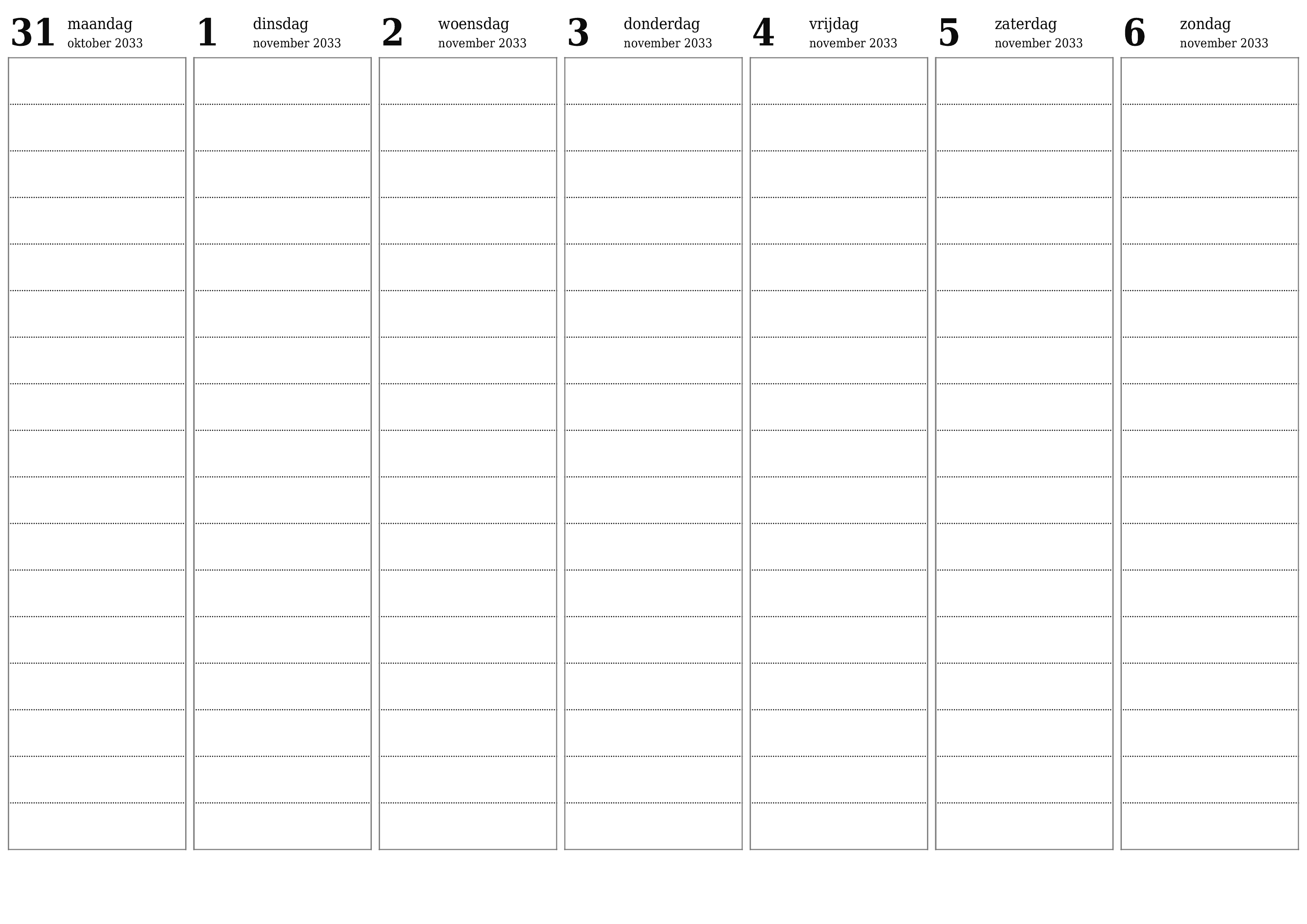 Lege weekplanner voor weken november 2033 met notities, opslaan en afdrukken naar pdf PNG Dutch