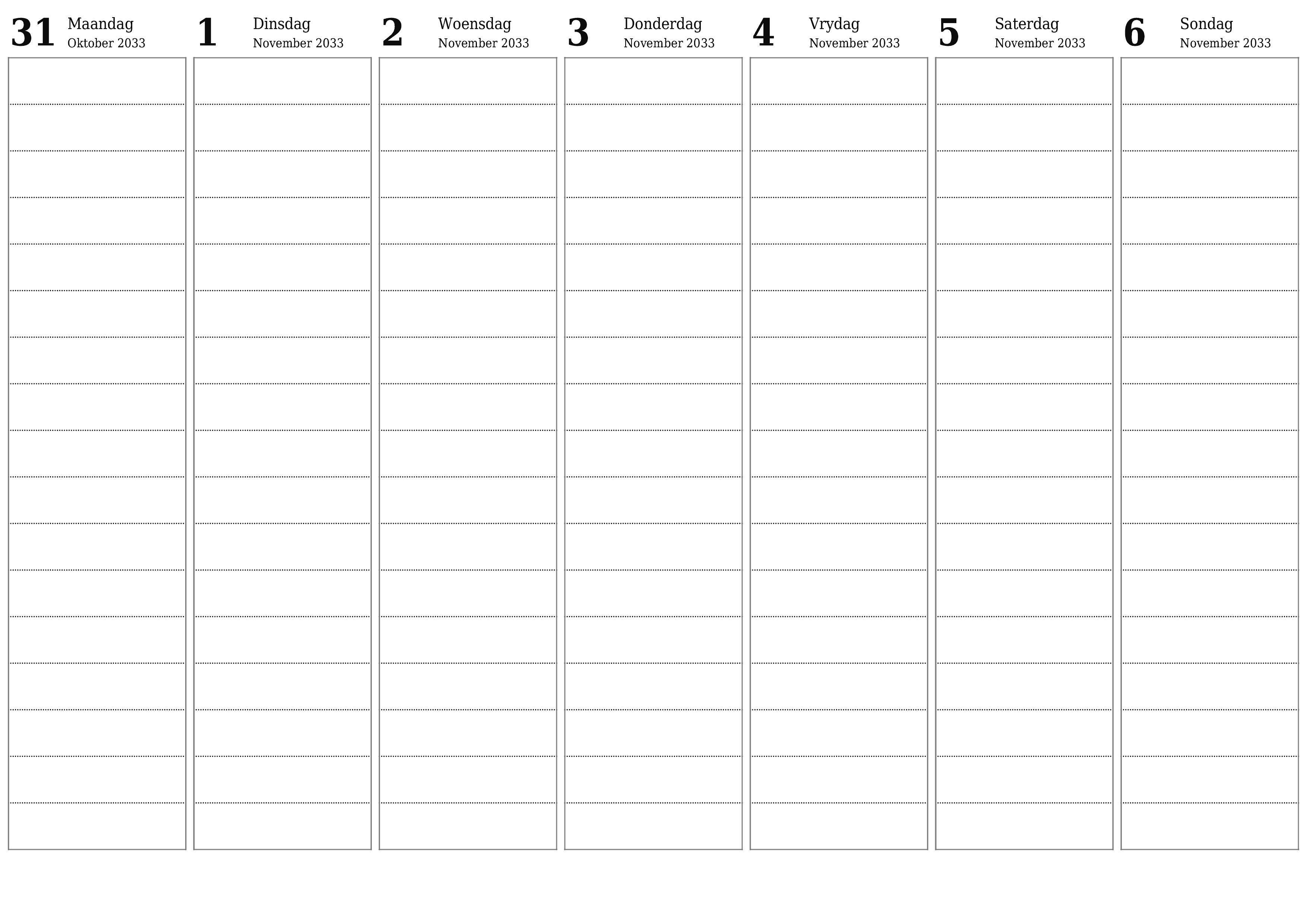 Leë weeklikse drukbare kalender en beplanner vir week November 2033 met notas, stoor en druk na PDF PNG Afrikaans