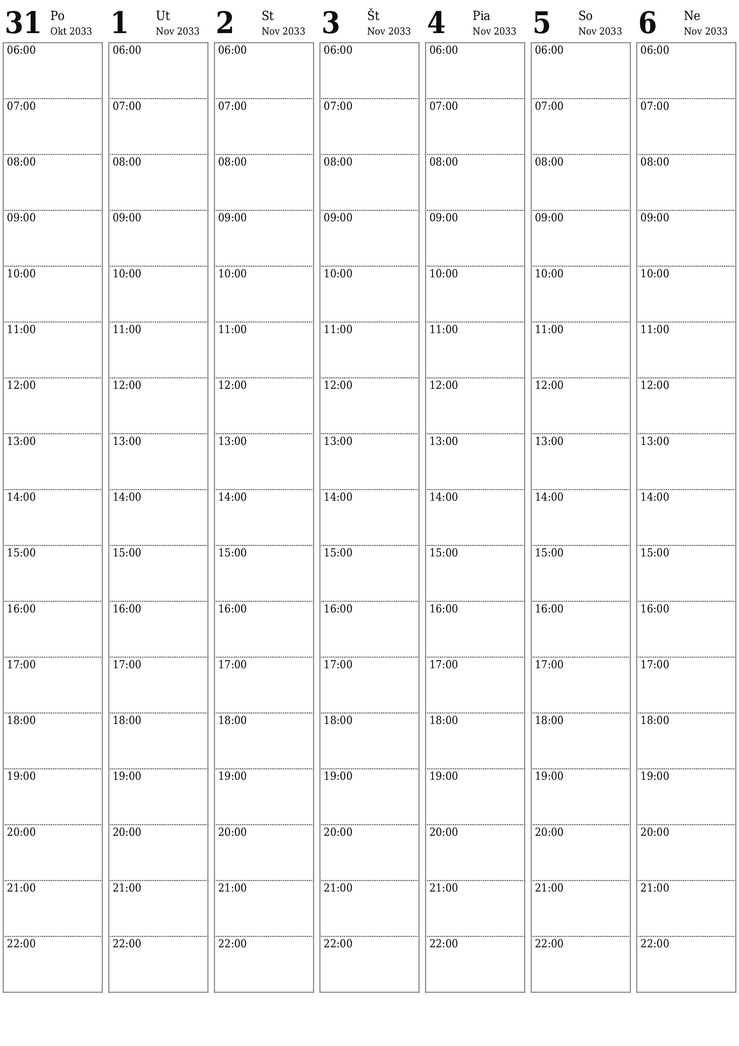 Prázdny týždenný plánovač na týždne November 2033 s poznámkami, uložením a tlačou do PDF PNG Slovak