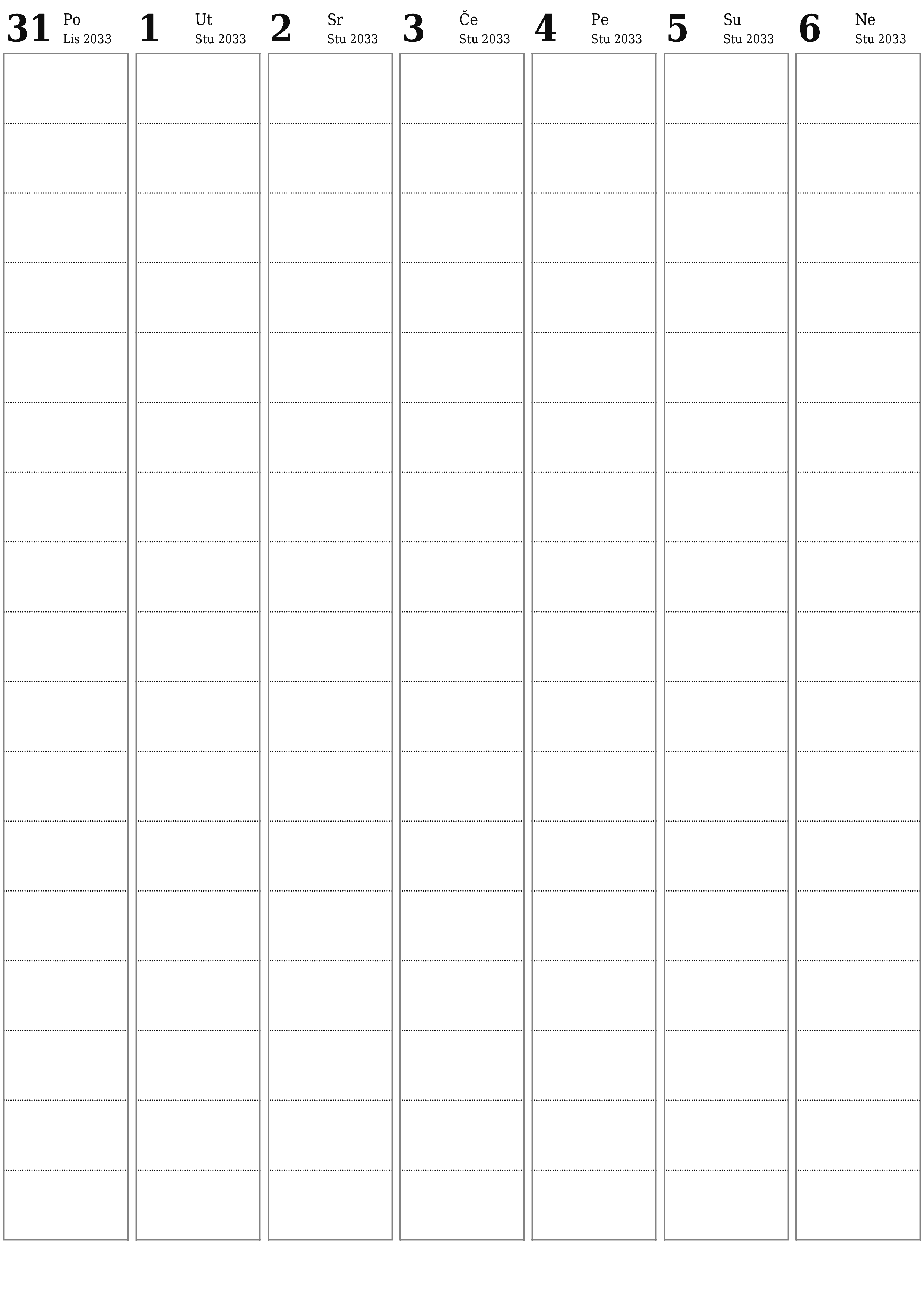  za ispis zidni predložak a besplatni okomito Tjedni planer kalendar Studeni (Stu) 2033