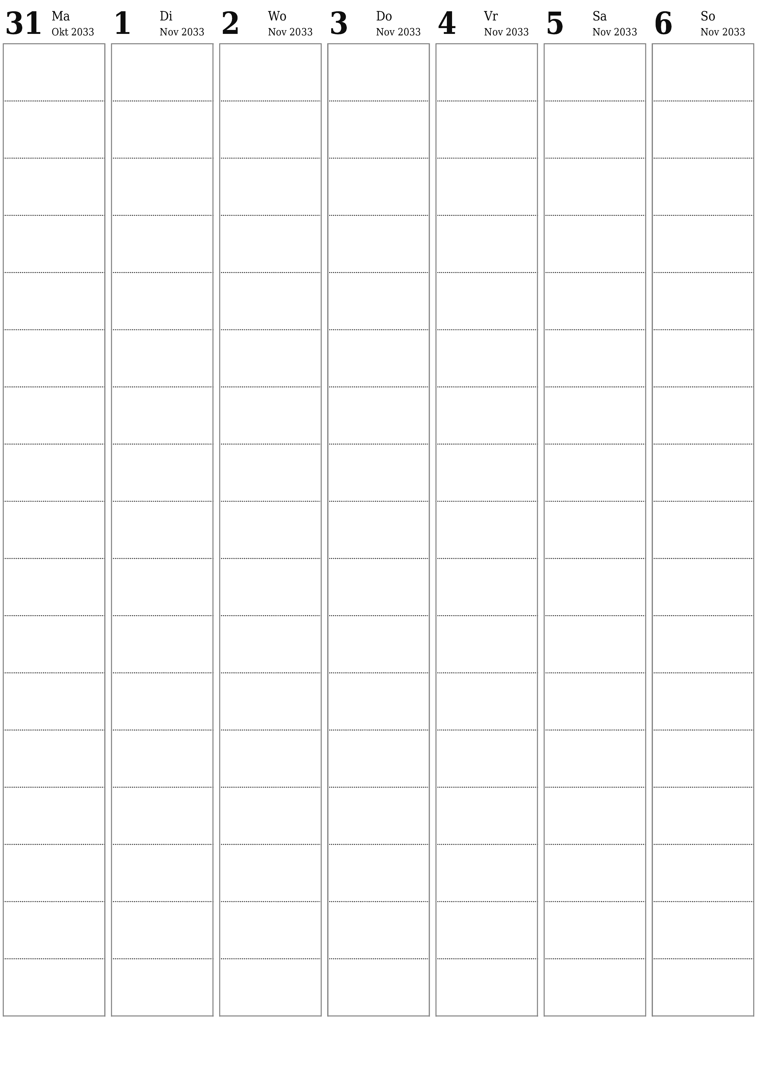 Leë weeklikse drukbare kalender en beplanner vir week November 2033 met notas, stoor en druk na PDF PNG Afrikaans