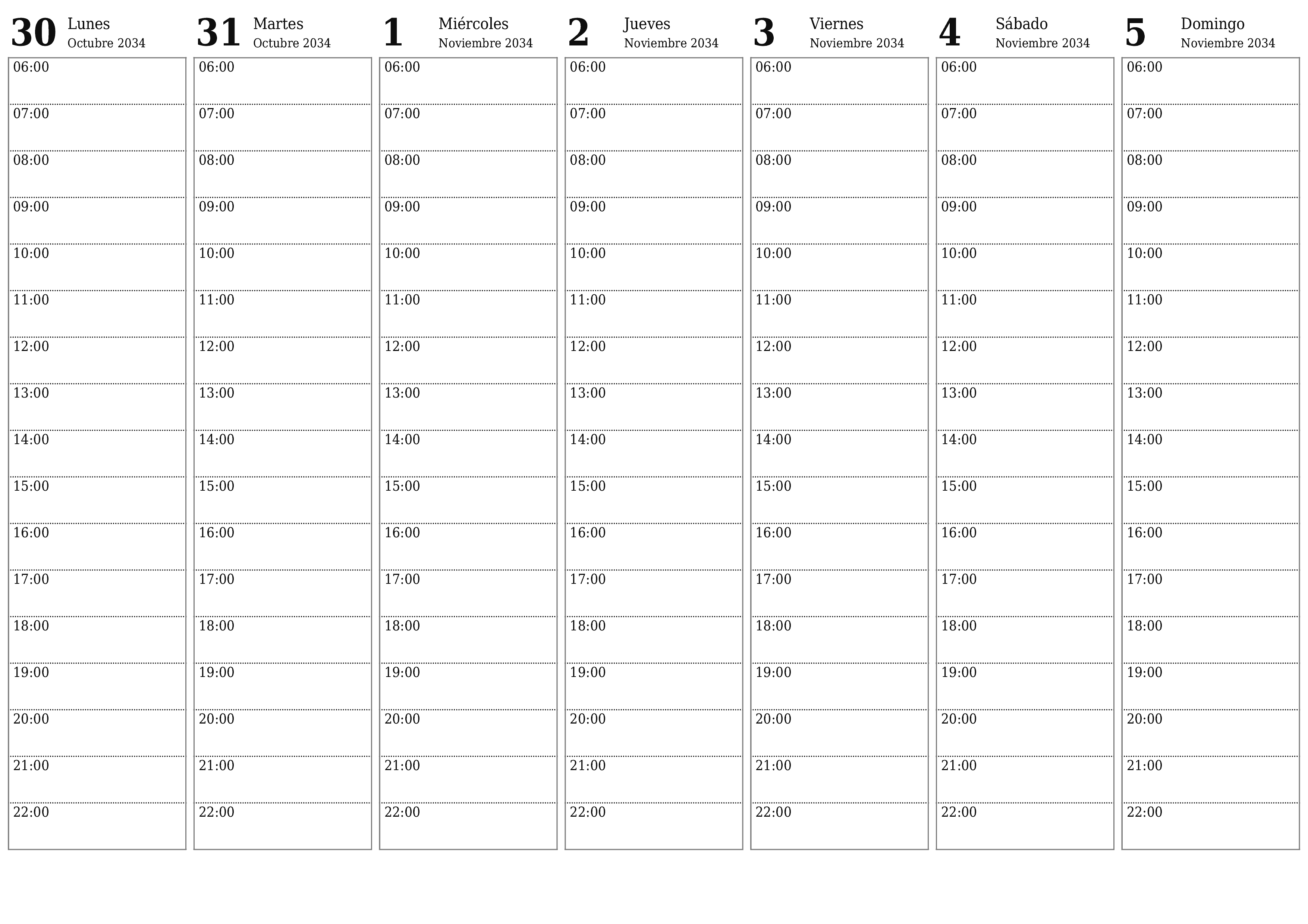 Planificador semanal vacío para semanas Noviembre 2034 con notas, guardar e imprimir en PDF PNG Spanish
