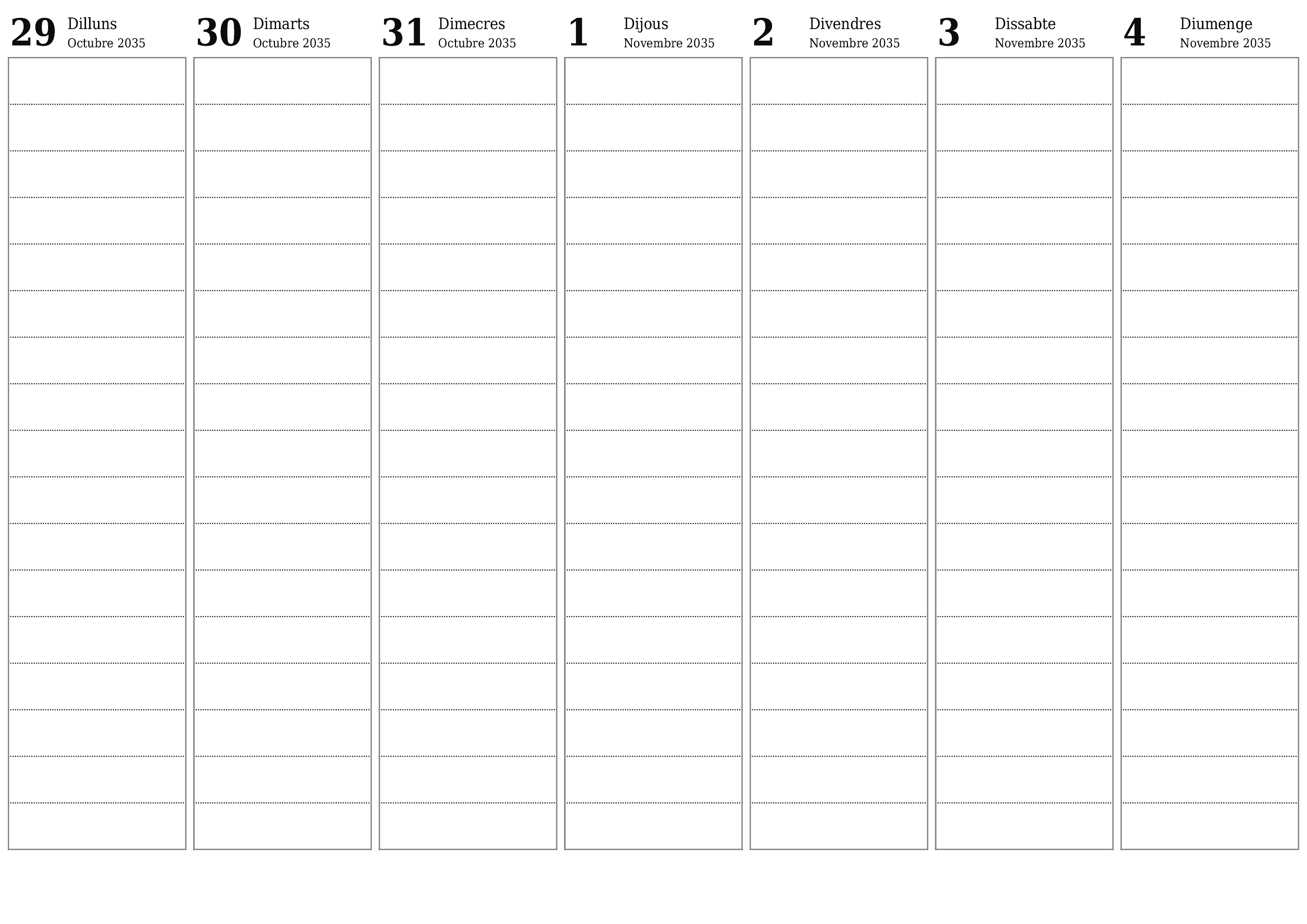 Planificador setmanal buit durant setmanes Novembre 2035 amb notes, deseu-lo i imprimiu-lo en format PDF PNG Catalan