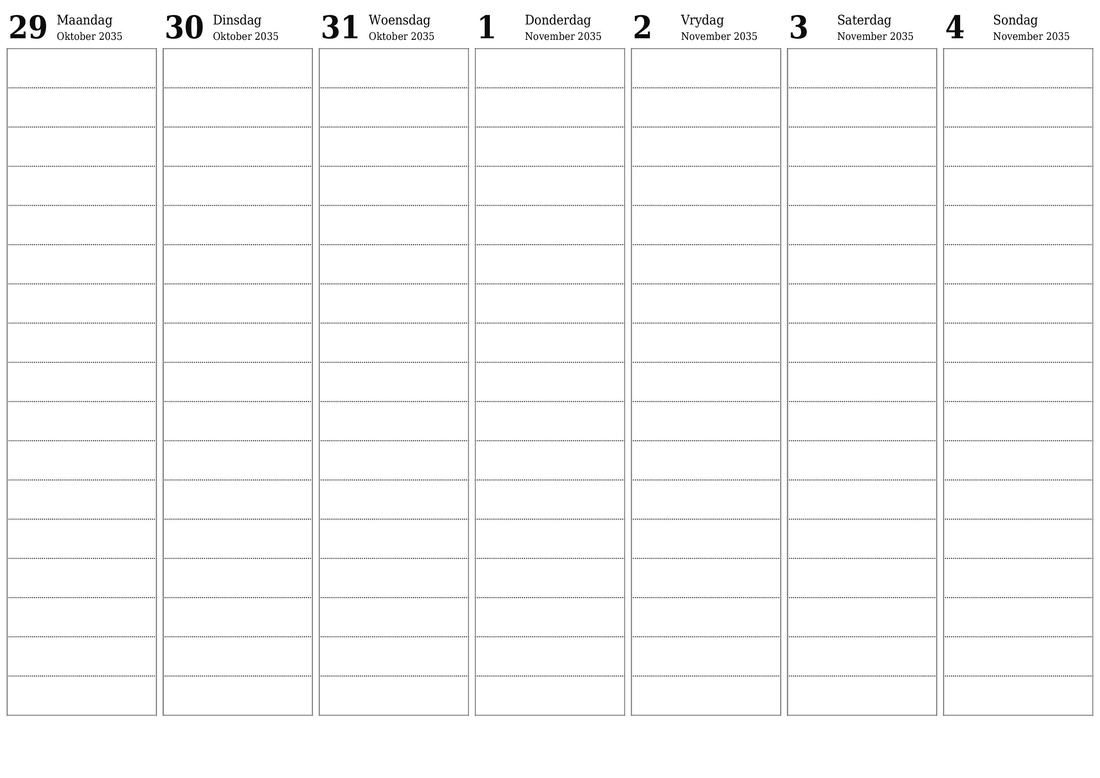 drukbare muur template gratis horisontaal Weekliks beplanner kalender November (Nov) 2035