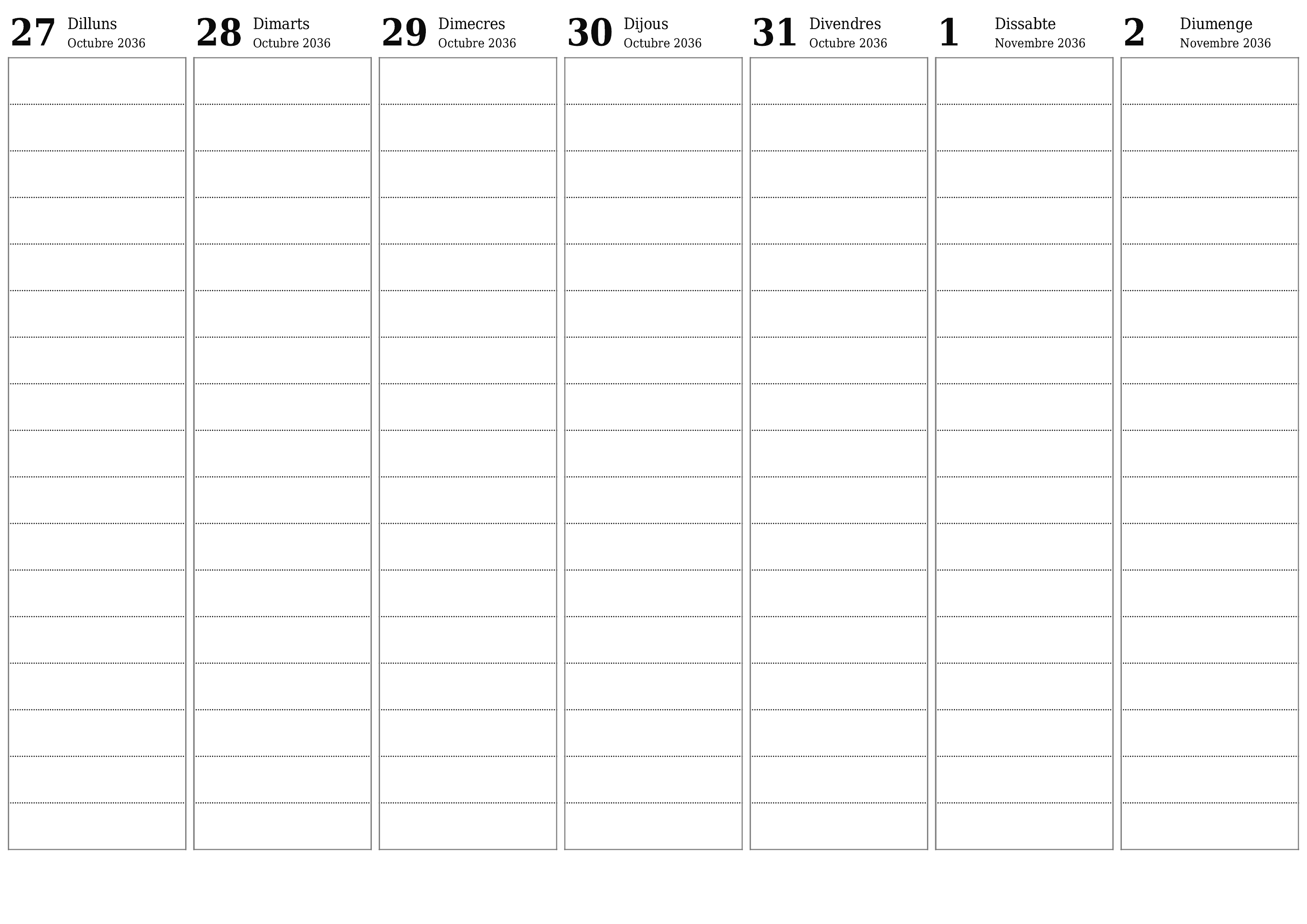 Planificador setmanal buit durant setmanes Novembre 2036 amb notes, deseu-lo i imprimiu-lo en format PDF PNG Catalan